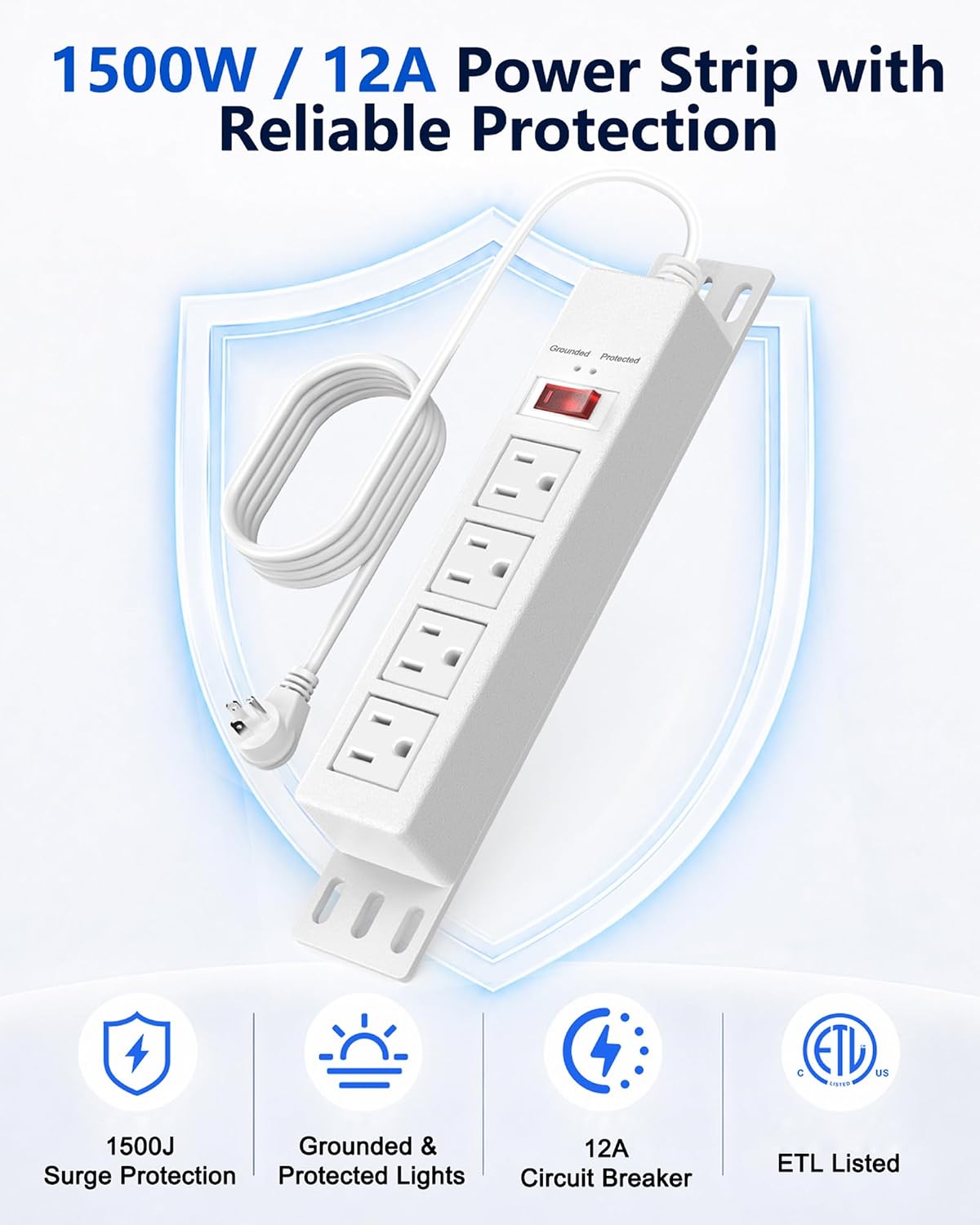 1500J Surge Protector Power Strip, White Mountable 4-Outlet Strip with Grounded & Protected Indicator Lights, 45° Flat Plug Extension Cord 6 FT for Home, Office, and Dorm, ETL Listed