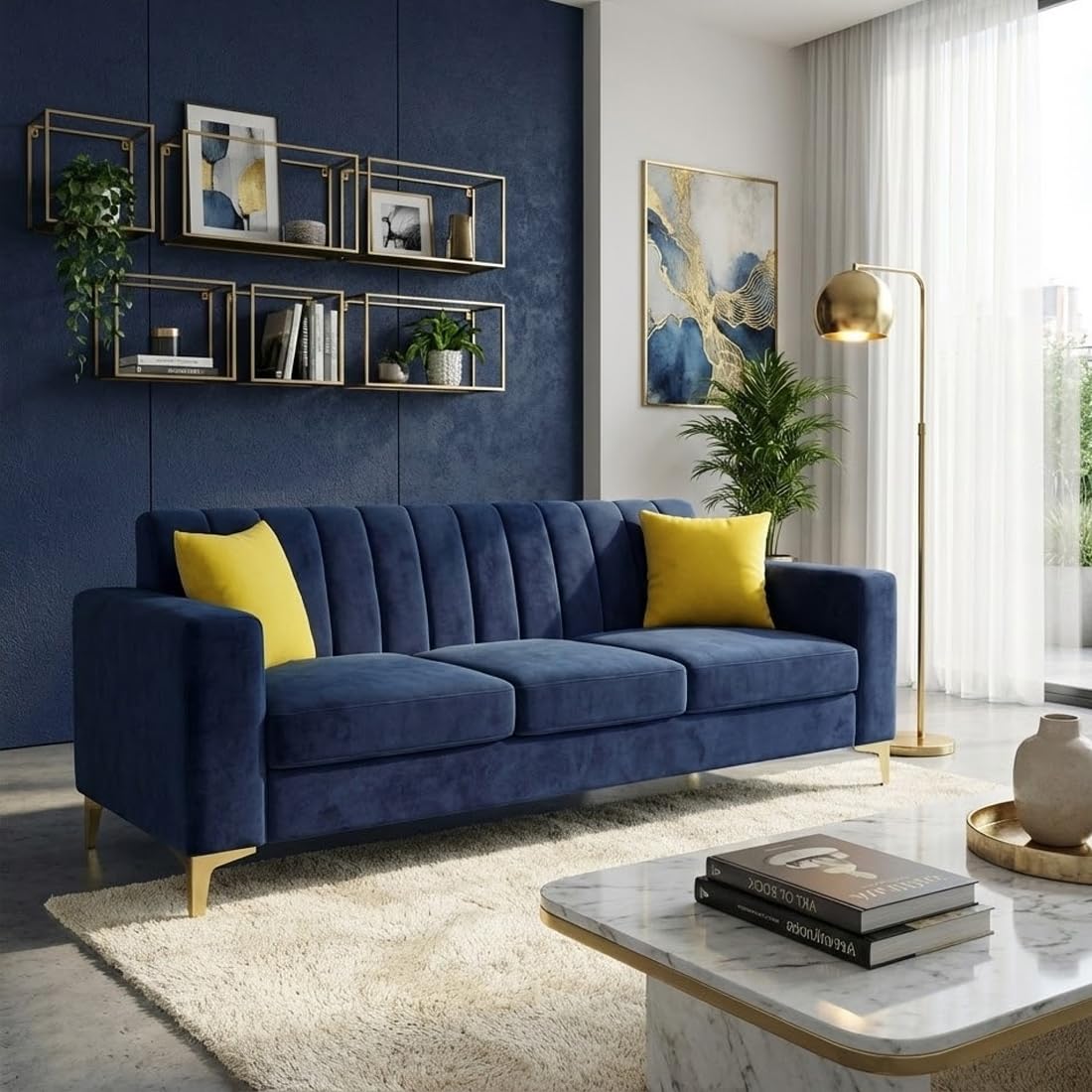 FURNY Alona 3 Seater Fabric Sofa Set (Dark Blue) Premium Velvet Finish Durable & Comfortable| Ideal for Living Room, Offices