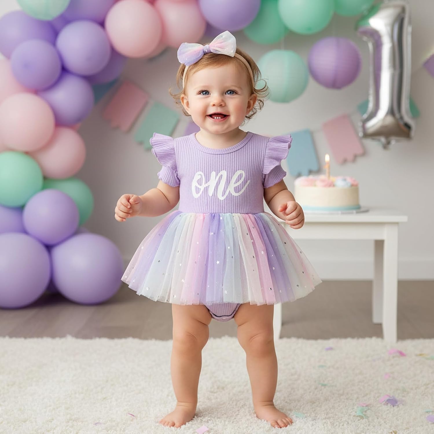 GRNSHTS Baby Girl 1st Birthday Outfits Ribbed Tulle Romper Princess Cake Smash Photo Shoot Clothes+Headband - Image 2