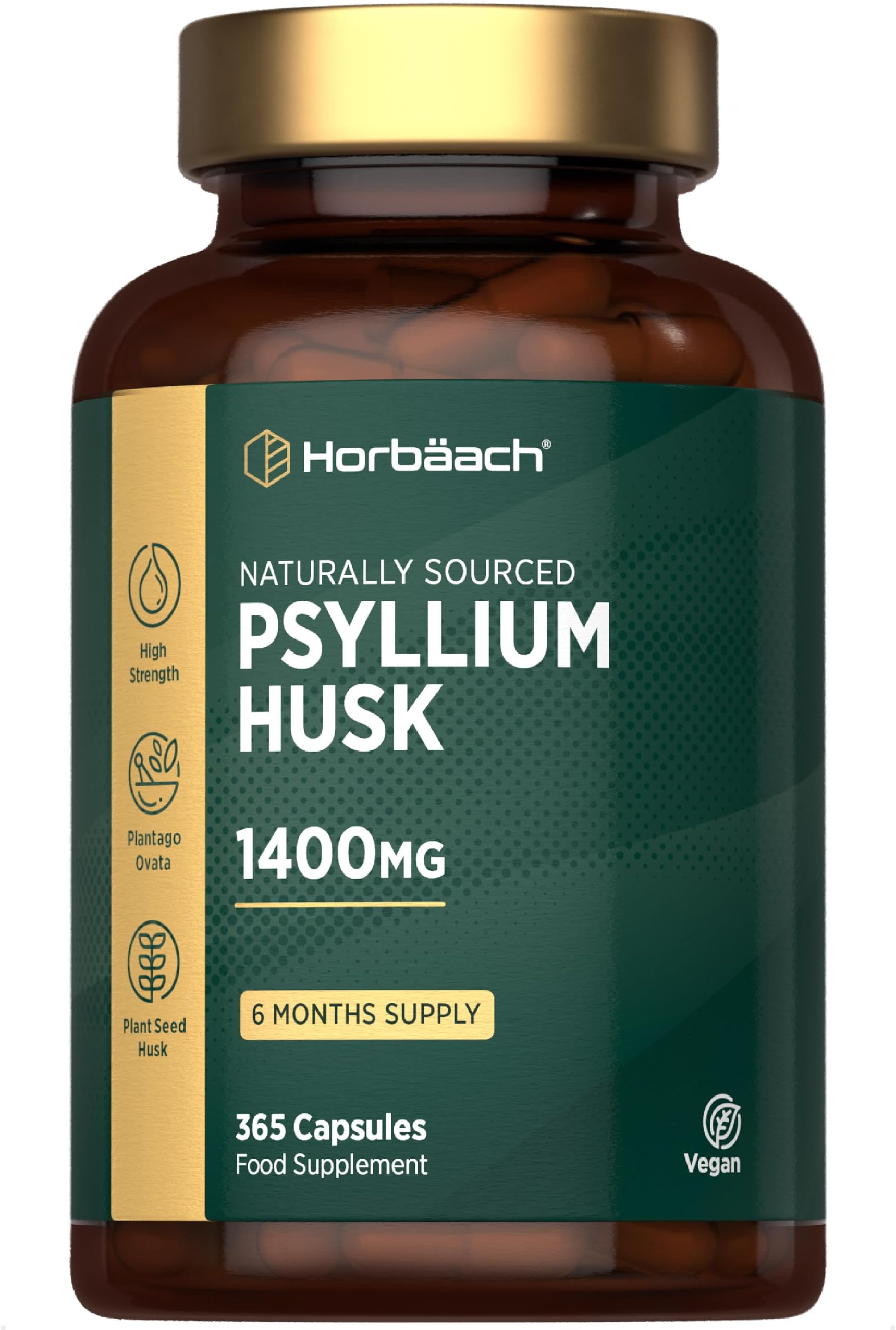 Psyllium Husk Capsules 1400mg | Fibre Supplement | 365 Vegan Capsules (6-Month Supply) | High Strength Psyllium Husk Powder | Natural Prebiotic | by Horbaach