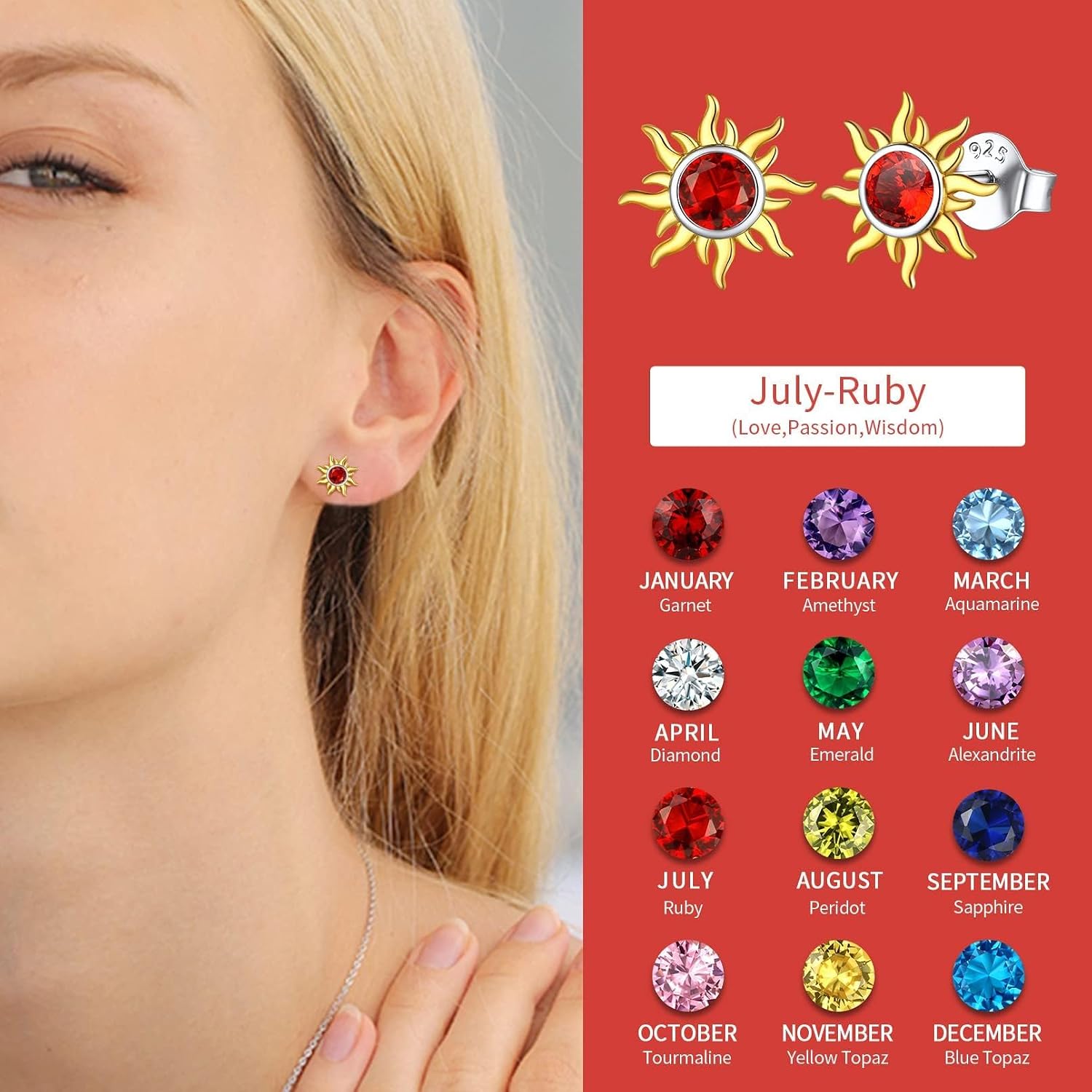ChicSilver 925 Sterling Silver Earrings Dainty Sun Earrings Small Round Birthstone Earring for Women