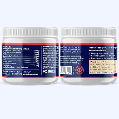 Miniatura 7 de Honest Paws Glucosamina para perros - Suplemento en polvo para articulaciones y movilidad con mejillón de labios verdes, aceite de pescado y MSM -