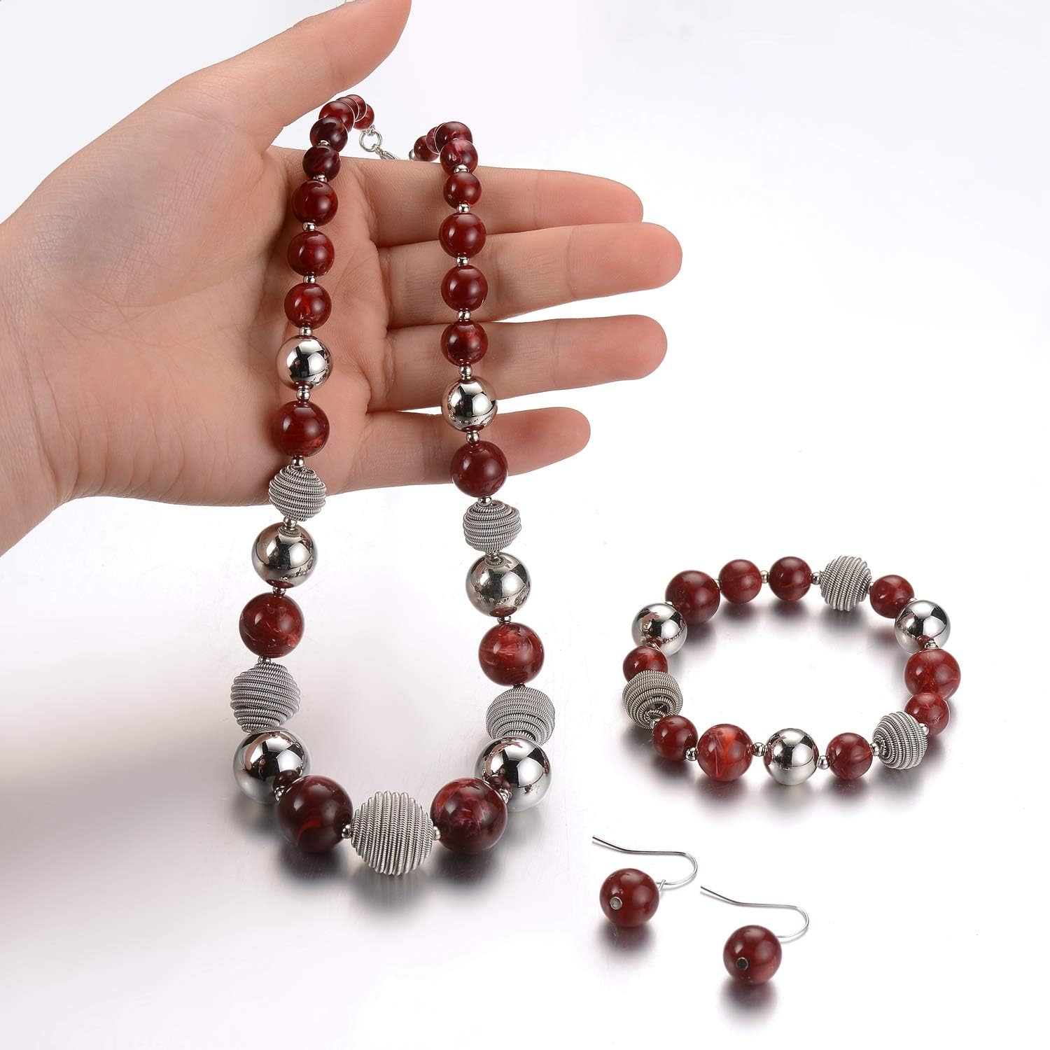 PEARL&CLUB Beaded Chunky Statement Necklace Earring and Bracelet Set Silver Metal Bead Fashion Jewelry Set Mothers’ Day Gifts for Women - Image 2