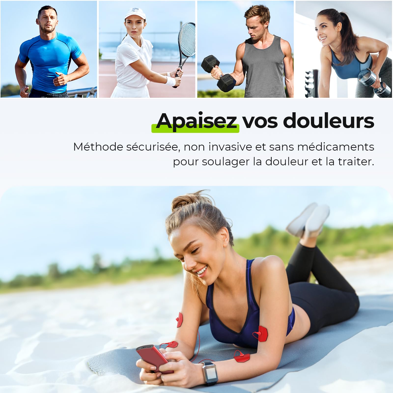 AUVON TENS electrostimulation appareil avec sac en EVA, Électrostimulateur musculaire rechargeable contre la douleur avec 24 programmes d'entraînement, 2 canaux appareil TENS rouge, 12 électrodes