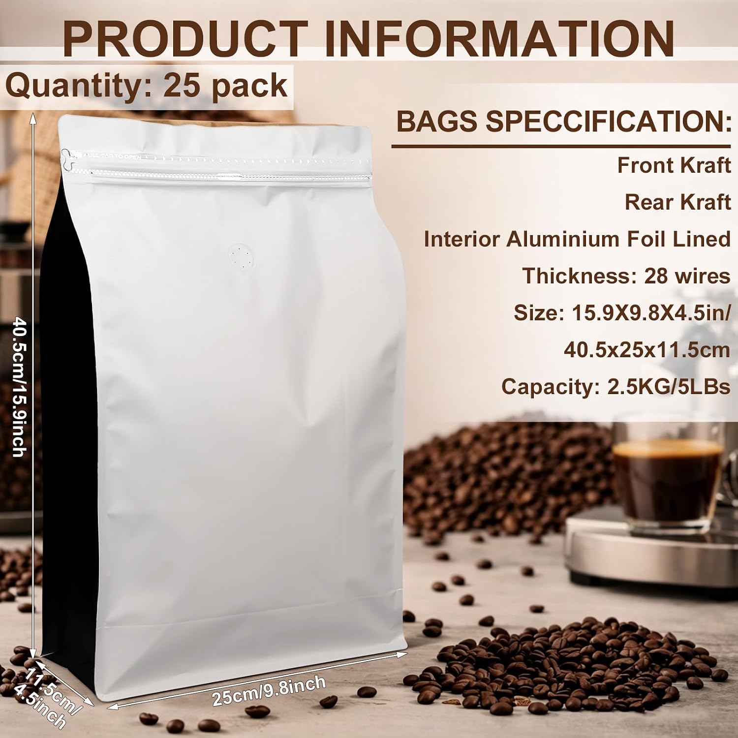 Moxweyeni 25 Pack 2.5KG Coffee Bags with Valve Large Capacity Stand up Aluminum Foil Flat Bottom Pouch Reusable Resealable Coffee Beans Storage Packaging Bags for Roasteries Cafes Home Retail(White)
