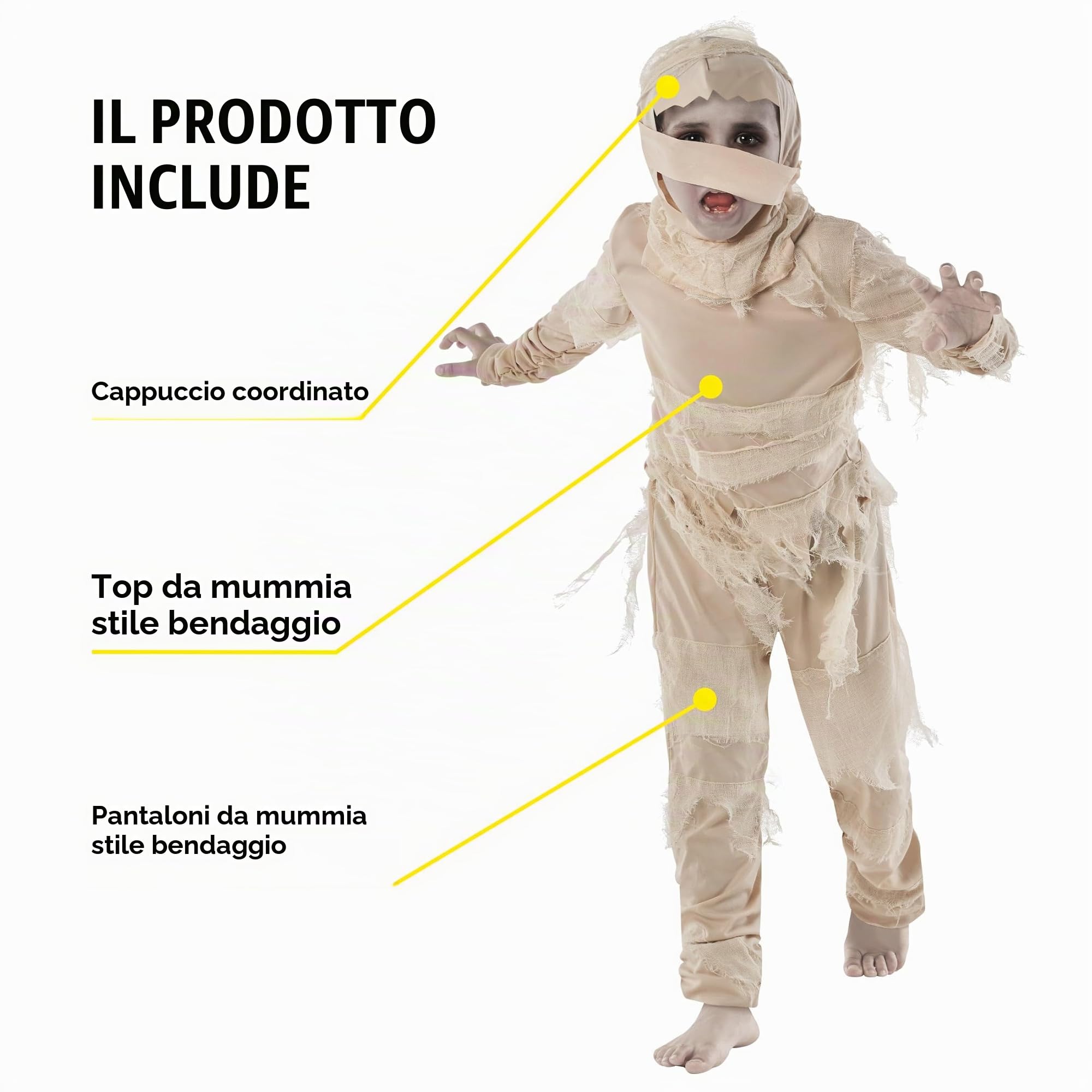 Morph Costume Mummia Bambino, Costume Halloween Bambino | Maglietta, Pantaloni & Cappuccio da Mummia, Stile Antico Egitto, Perfetto per Halloween, Ideale per il Gioco di Ruolo