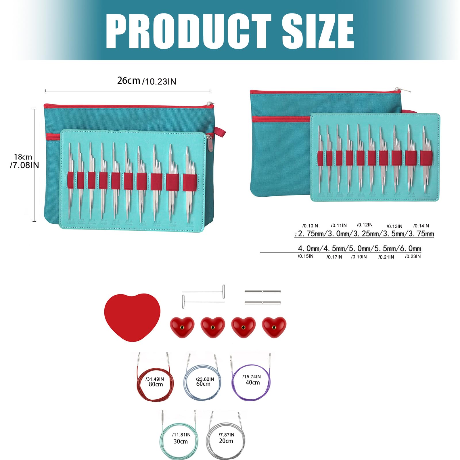 10 pares de agujas de tejer circulares intercambiables de aluminio con bolsa de almacenamiento de 2,75 a 6,0 mm para tejer hilos, manualidades, herramienta de tejer
