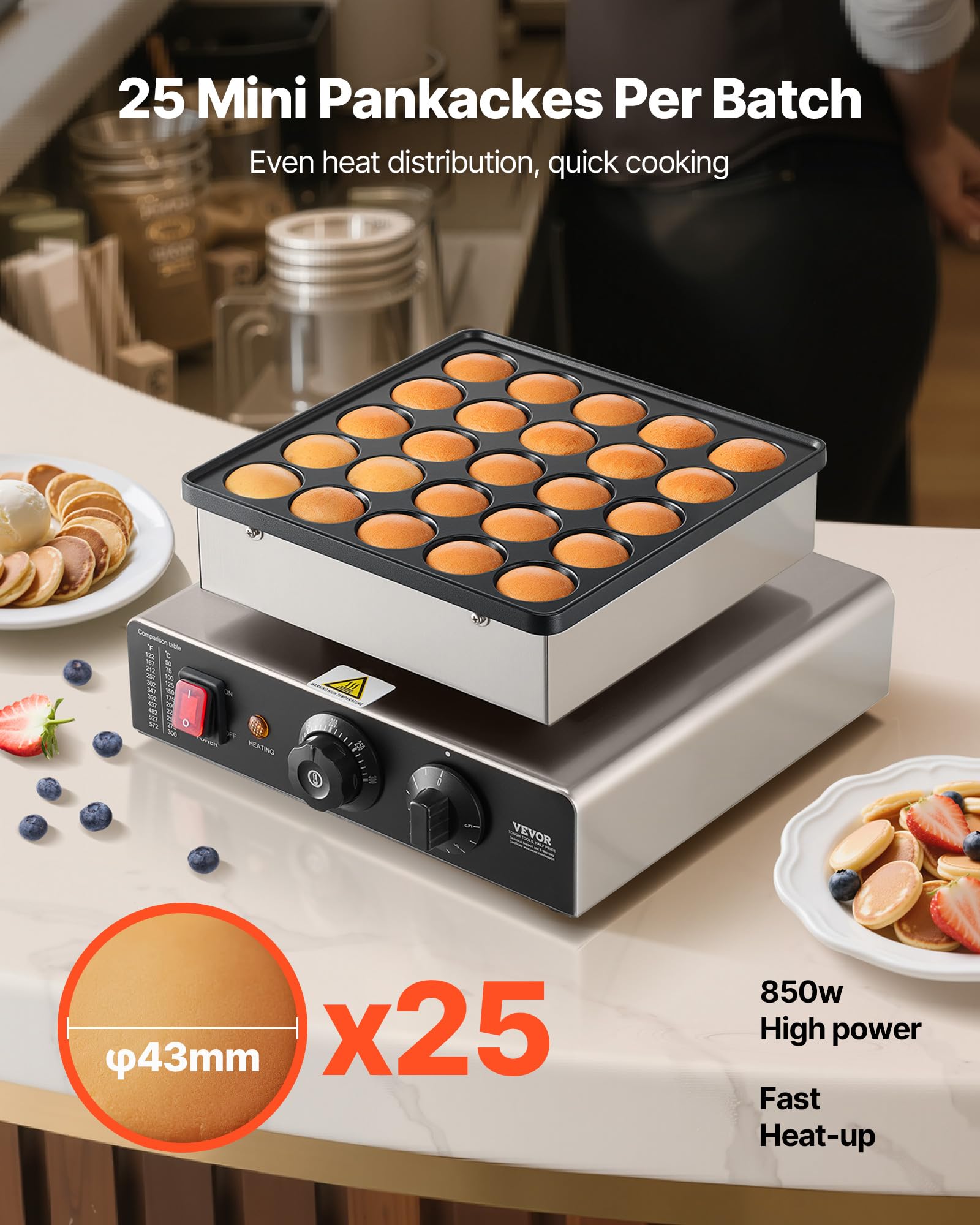 VEVOR Mini Crêpière Électrique, Appareil à Pancakes Capacité 25PCS de 43 mm de Diamètre, Machine à Poffertjes Dorayaki Grille Antiadhésive en Inox, Contrôle de la Température et du Temps, Cuisine