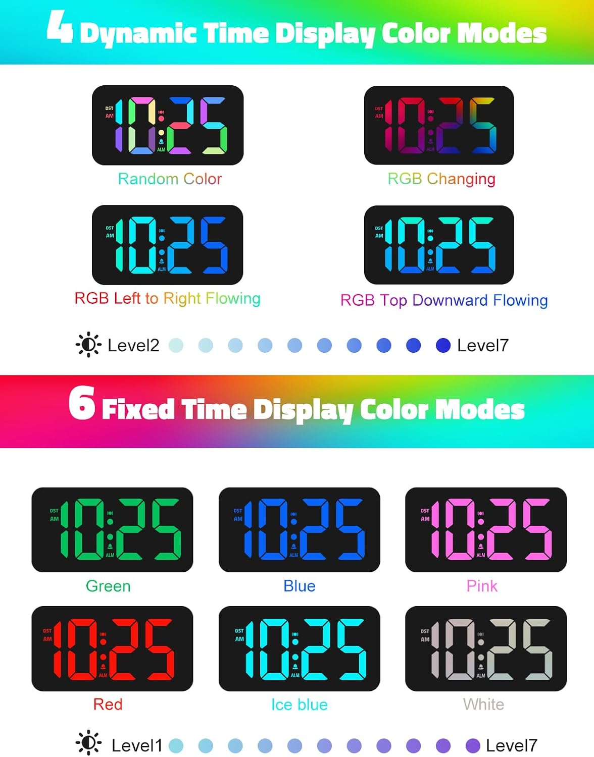 Mesqool Vibrating Alarm Clock for Heavy Sleepers – Bed Shaker, 3 Wake Modes, 8-Color Light, RGB Display & Dual USB – Great for Seniors & Deaf