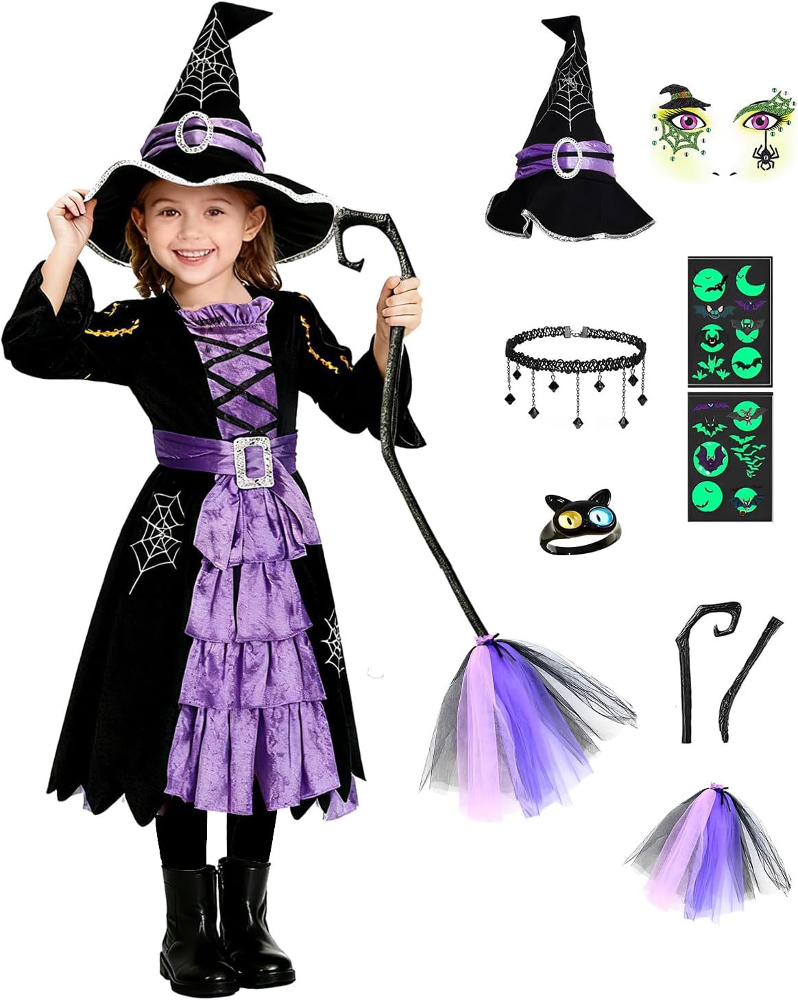 Witch Costume for Girls Kids Halloween Costumes Purple Witch Dress with Broom Hat Face Stickers Medium