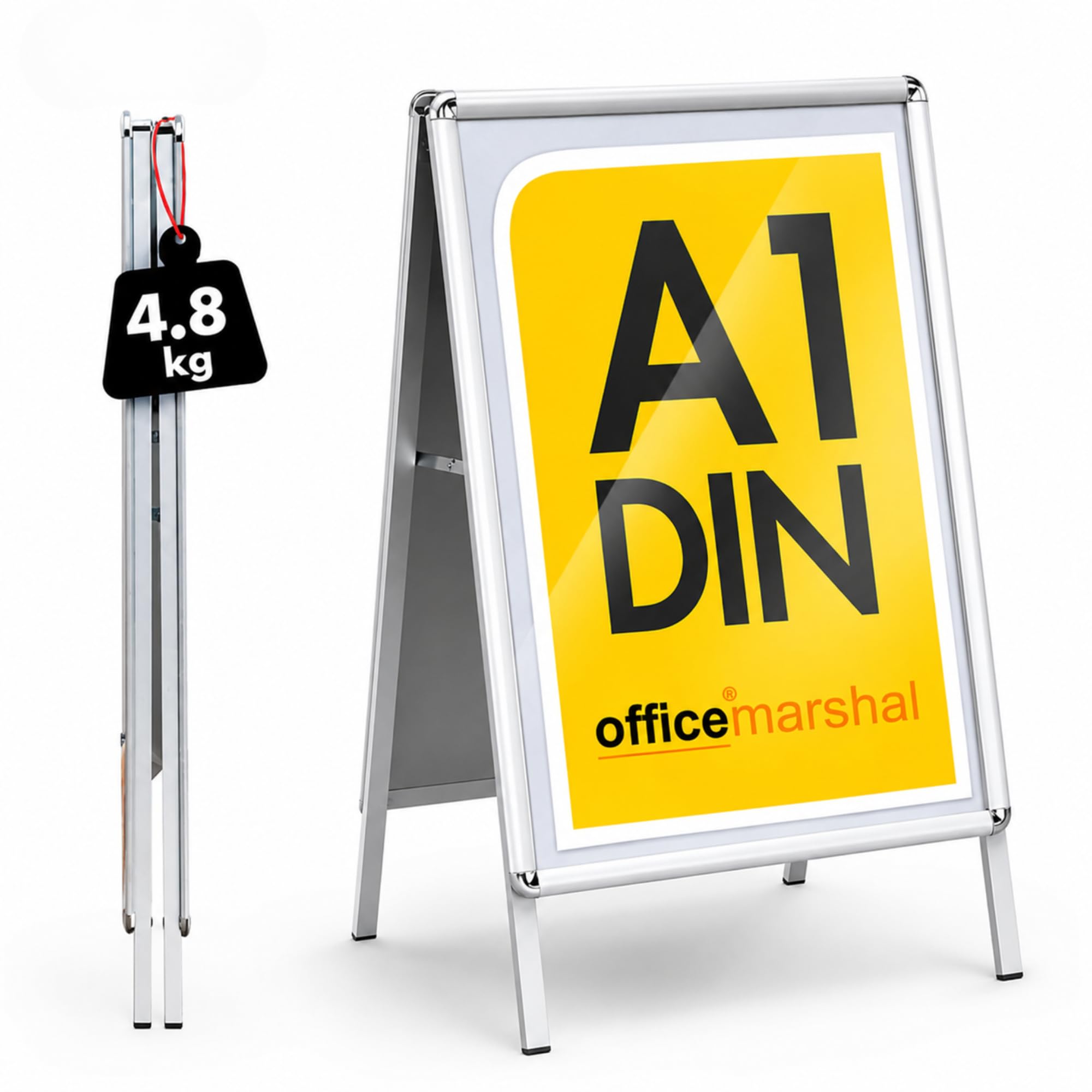 OfficeMarshal Kundenstopper DIN A1 - mit Alu Rahmen 25mm - beidseitig für 2 Plakate -inklusive Schutzfolie - wetterfester Plakatständer - Gehwegaufsteller Werbetafel