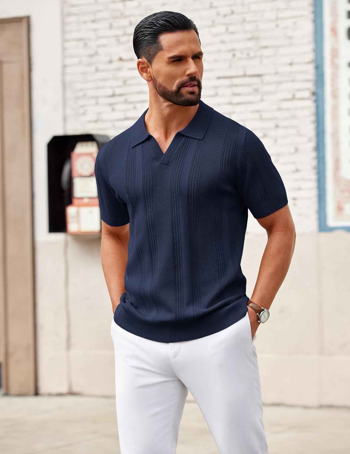 COOFANDY Mens Knit Polo Shirts V Neck Textured Polo Shirts Short Sleeve Breathable Polo Casual Collared T Shirt Fashion Tops - Image 2