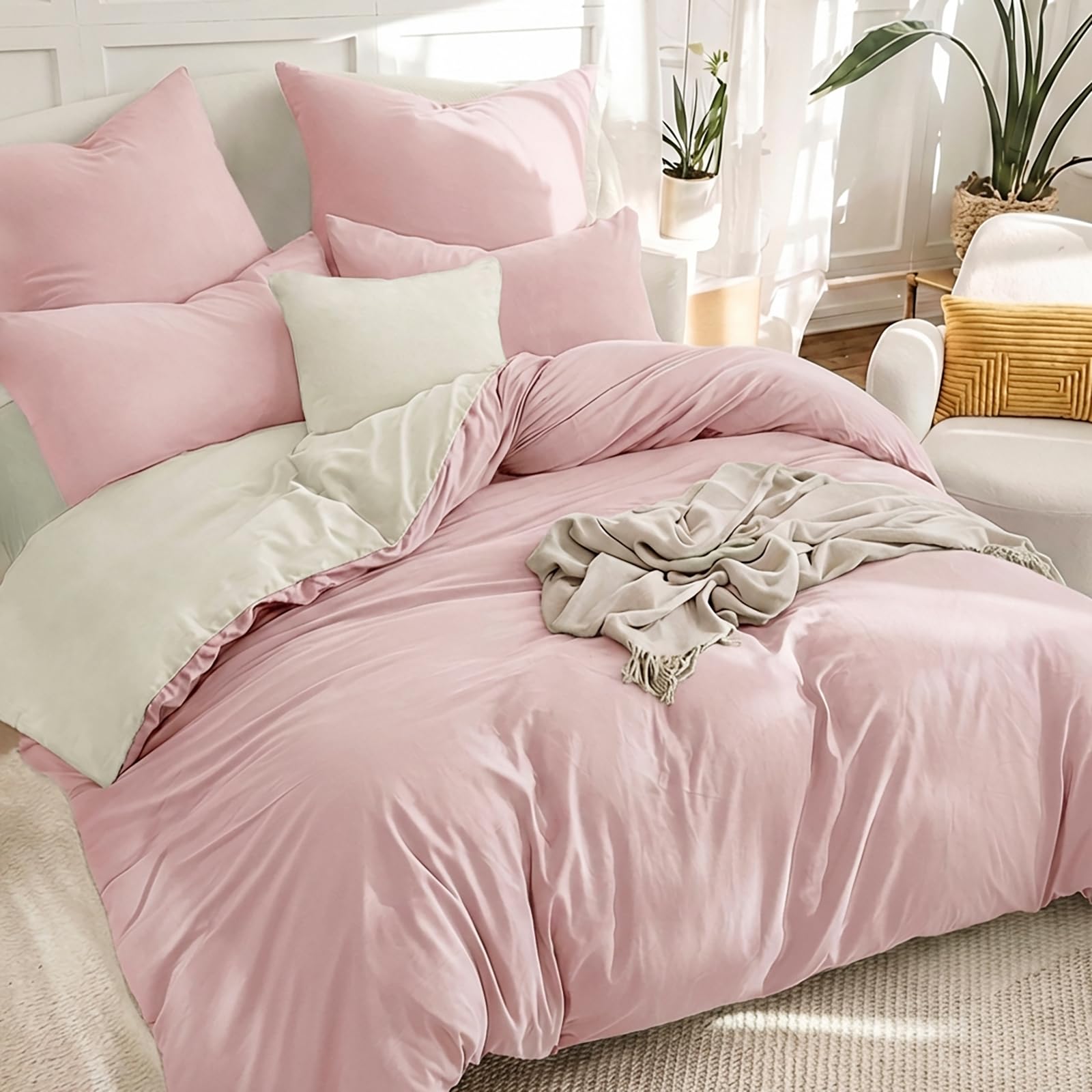 RUIKASI Rose Pink Super King Duvet Cover Sets Beige - Reversible Pink Duvet Set Superking Bedding Set with Zip, Soft Brushed Microfibre Bed Set Quilt Cover with 2 Pillowcases