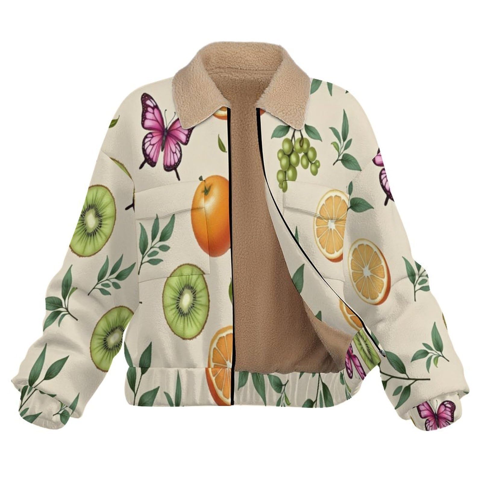 Giacca da Donna Pile con Zip, Giacche Giacca Foglie frutta Teddy Versione, Loose del Arte delle piante Cappotto a Maniche Lunghe Autunno e Inverno Caldo Cappotto