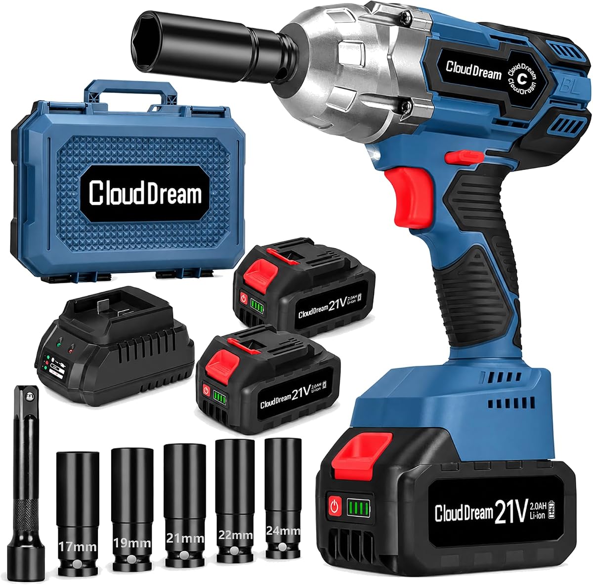 CloudDream 1200N.m Cordless Impact Wrench,Brushless Gun with 2 Batteries | 1/2 Inch Electric Impact Gun with Fast Charger,5 Sockets,Case for Car Tires,Mower,Pickup