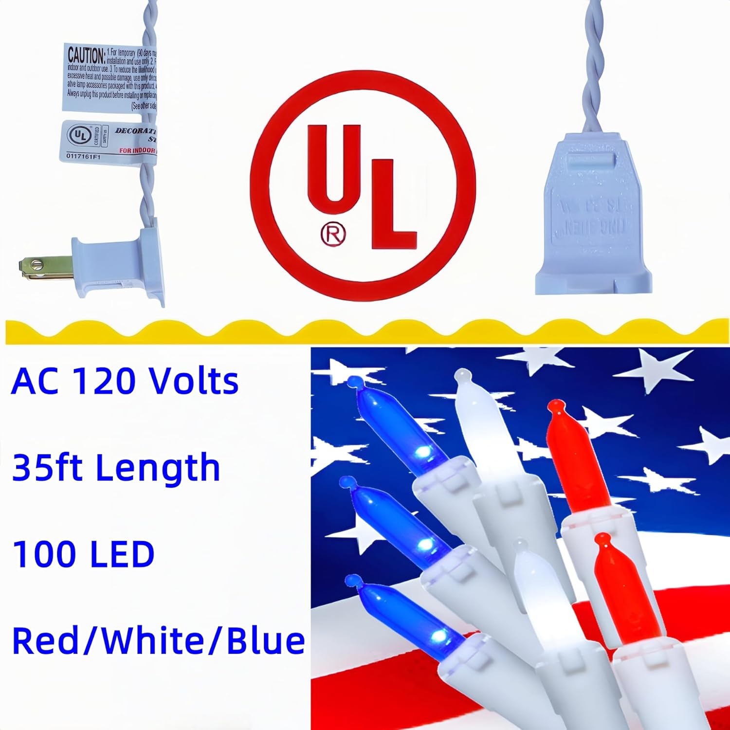 150 LED Red White and Blue US Flag Lights, UL Certified and Commercial Grade 50 Ft White Wire 3-Colored Christmas Lights, for Indoor and Outdoor Party, 4th of July.