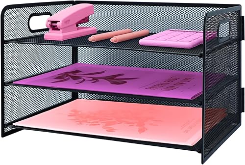 Organizador de 3 niveles con asa, organizador de archivos de escritorio de malla metálica con bandejas deslizantes, escritorio clasificador de papel