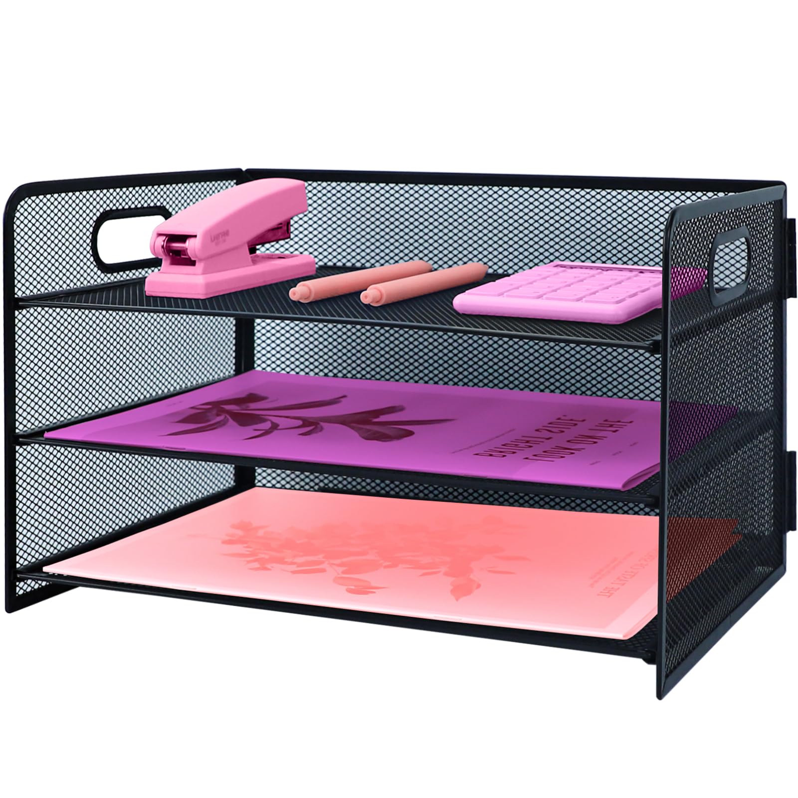 Ideallife 3 Tier Mesh Desktop File Organizer With Handle, Paper Letter Tray Organiser, Desktop Storage With Sliding Trays For Home &Office Supplies