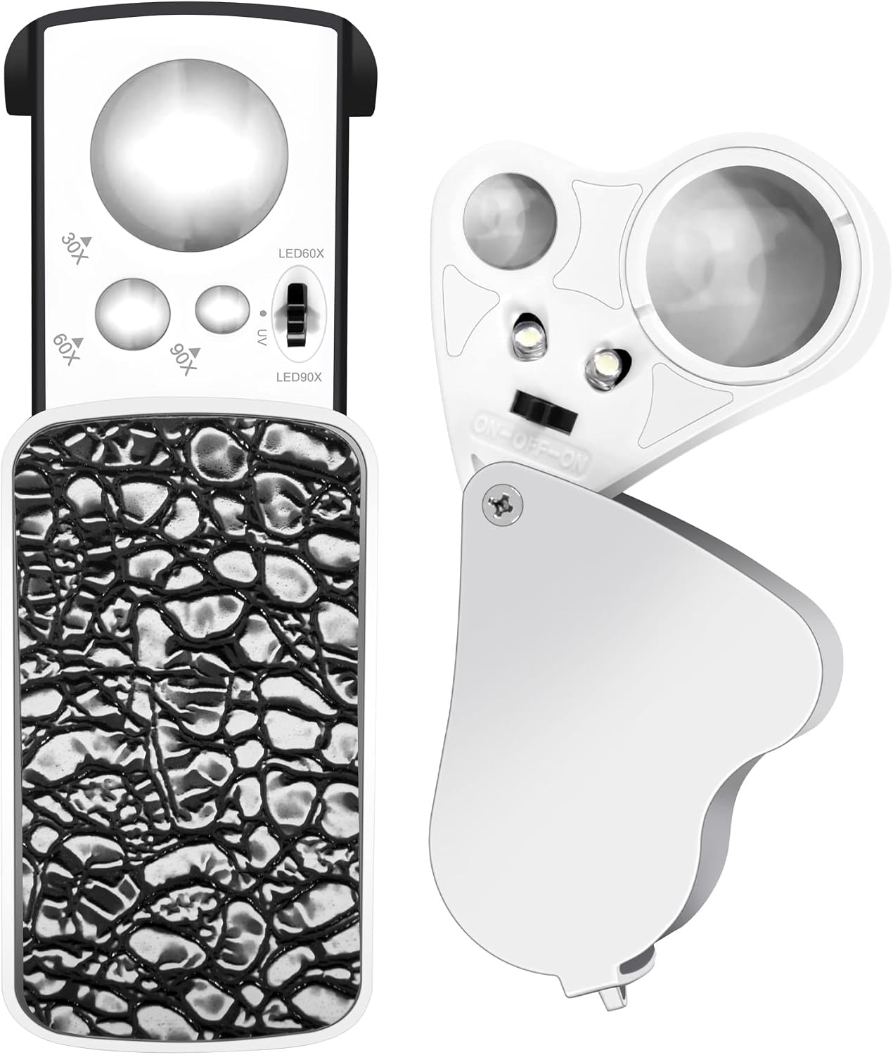 2 Pieces Jewelers Loupe 30X 60X 90X Jewelers Eye Loupe Magnifier Jewelry Magnifying Glass Loop Bright LED Light