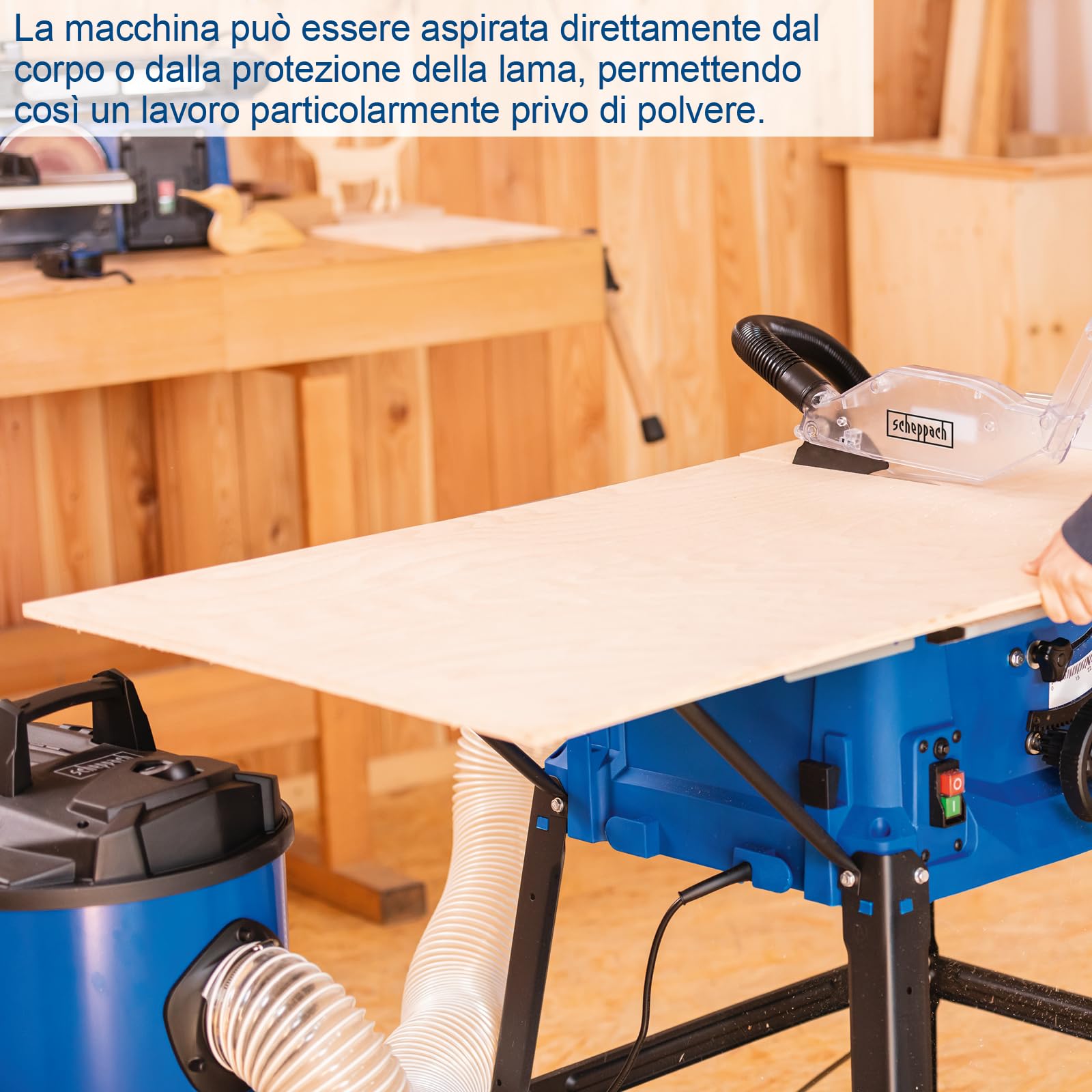 Sega circolare da banco Scheppach HS100S | 230V – 2000W | Altezza di taglio 85mm | Inclusi ampliamenti del tavolo e supporto | Dimensioni del tavolo con ampliamento 642x940mm | Inclusa seconda lama