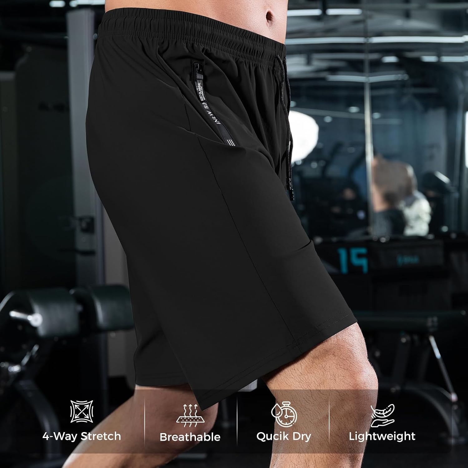 9" Mens Athletic Shorts with Zipper Pockets, 3 Pack Quick Dry Workout Gym Drawstring Running Shorts for Men