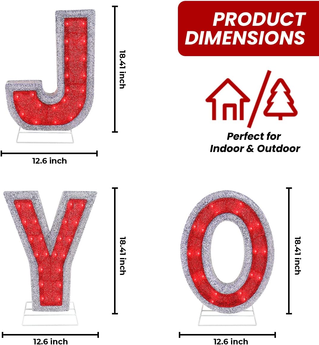 Joy Nativity Decoration - Outdoor Christmas Set for Christmas Indoor Lawn - Religious Scene Yard Sign Decor with Stakes for Home - 18.5” Tall Pre-Lit 60 Lights (Set of 3)