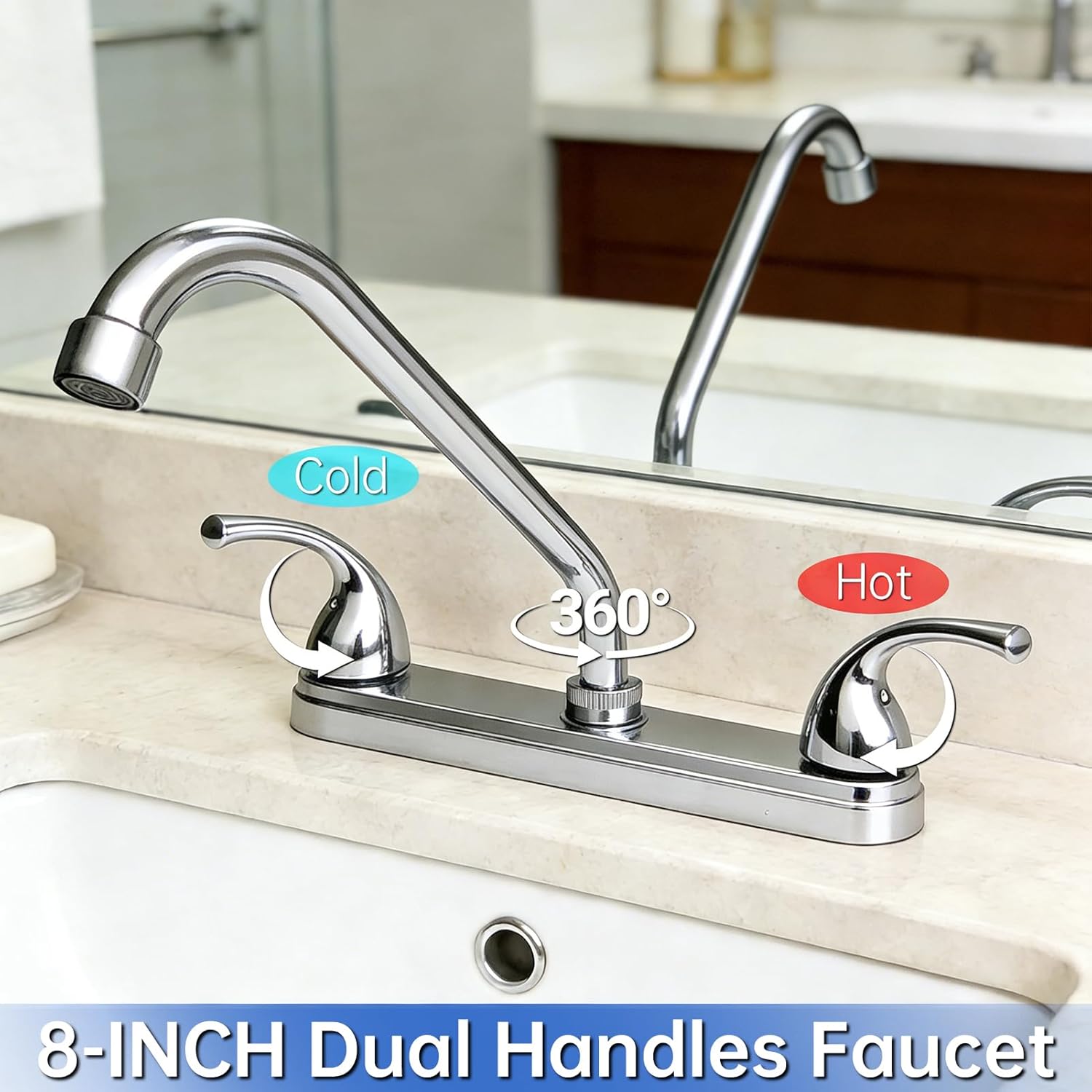 RV Kitchen Faucet,RV Kitchen Sink Faucet Replacement with Two Handle-8" Main Body-High Replace for RV Home Campers Motorhomes Travel Trailers,Chrome