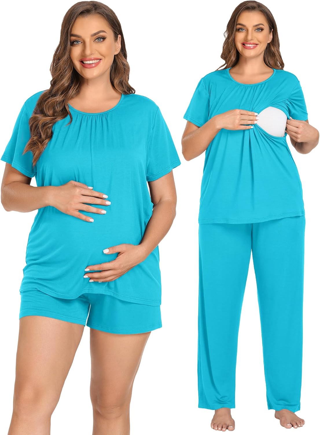 SWOMOG Women 3Pcs Maternity Pajama Set Nursing Pjs Pregnancy Set Breastfeeding Pjs Double Layer with Pockets