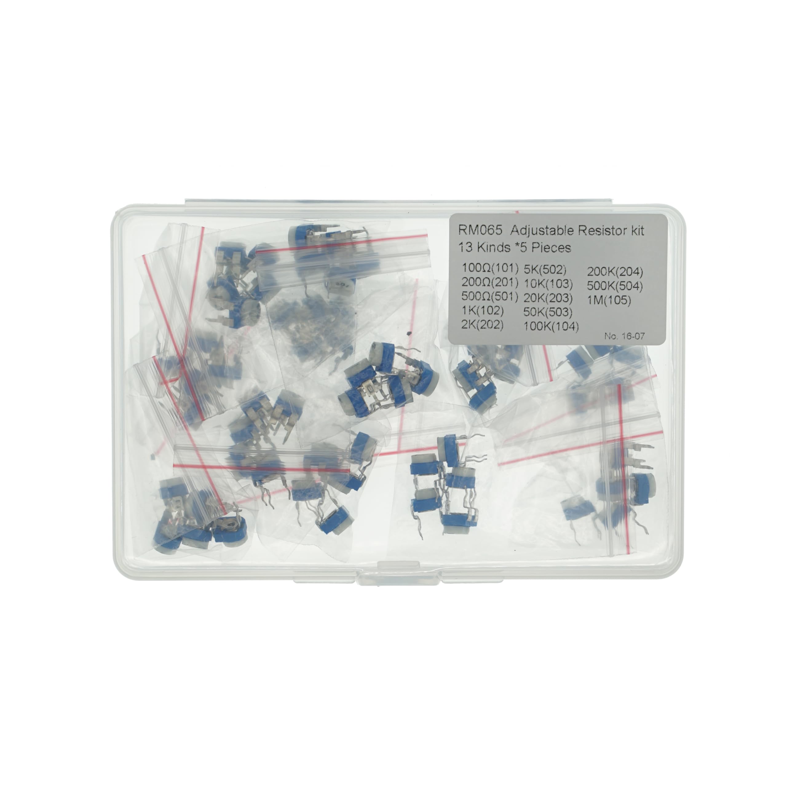 13 Values x 5PCS=65PCS RM065 Horizontal Blue White Adjustable Resistor kit (100Ω(101) 200Ω(201) 500Ω(501) 1K(102) 2K(202) 5K(502) 10K(103) 20K(203)