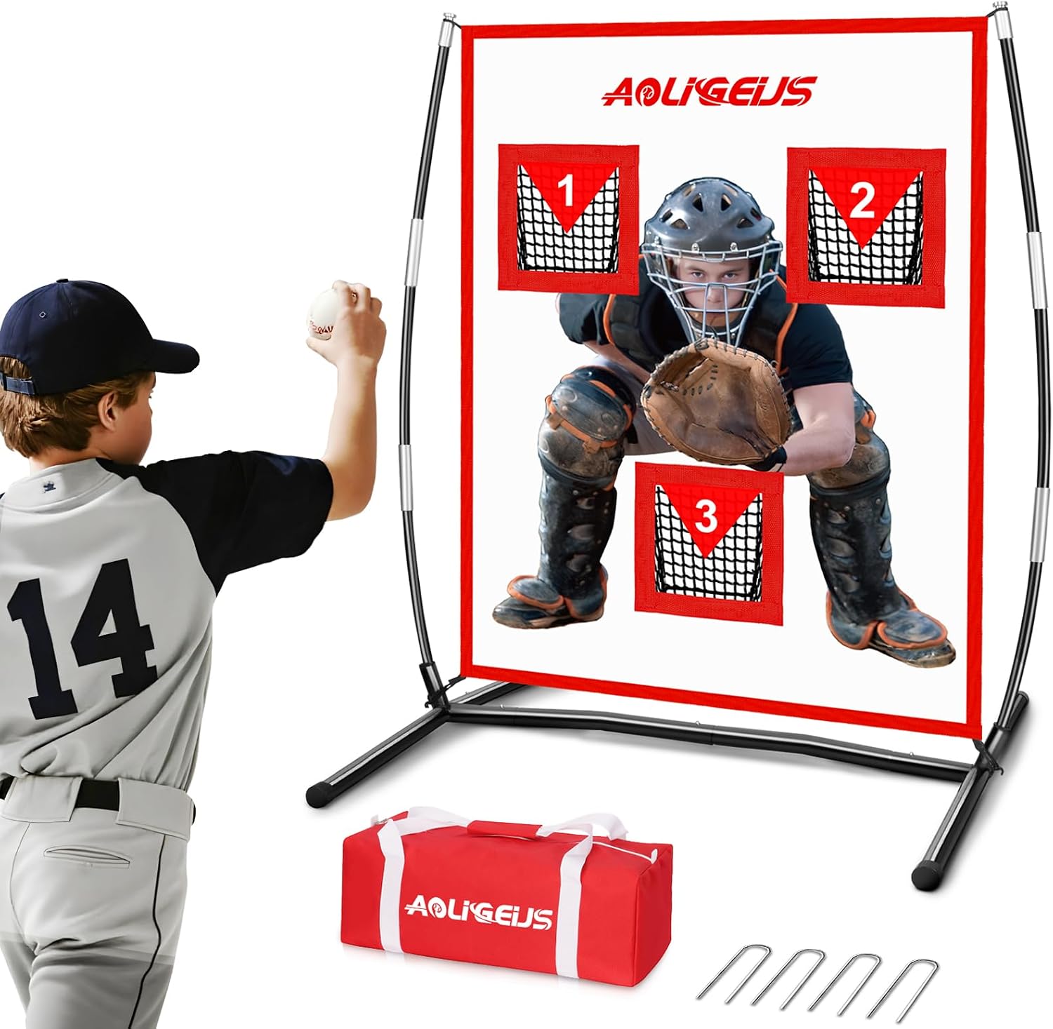 3 Pocket Pitching Target Net with Realistic Catcher for Baseball | 3 Pocket Pitching Target with Realistic Catcher, Baseball Softball Strike Zone Net for Backyard, Accuracy Training Equipment