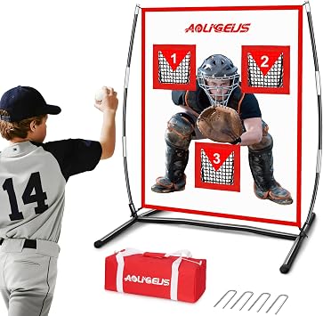 Baseball & Softball Pitching Net,3 Pocket Baseball and Softball Pitching Strike Zone Target Net, with Realistic Catcher for Accuracy Training