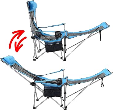 Blue Camping Recliner Chair with Adjustable Headrest & Footrest, Foldable, Portable, Cupholder, Pocket, for Outdoor, Beach, Garden, Patio Garden