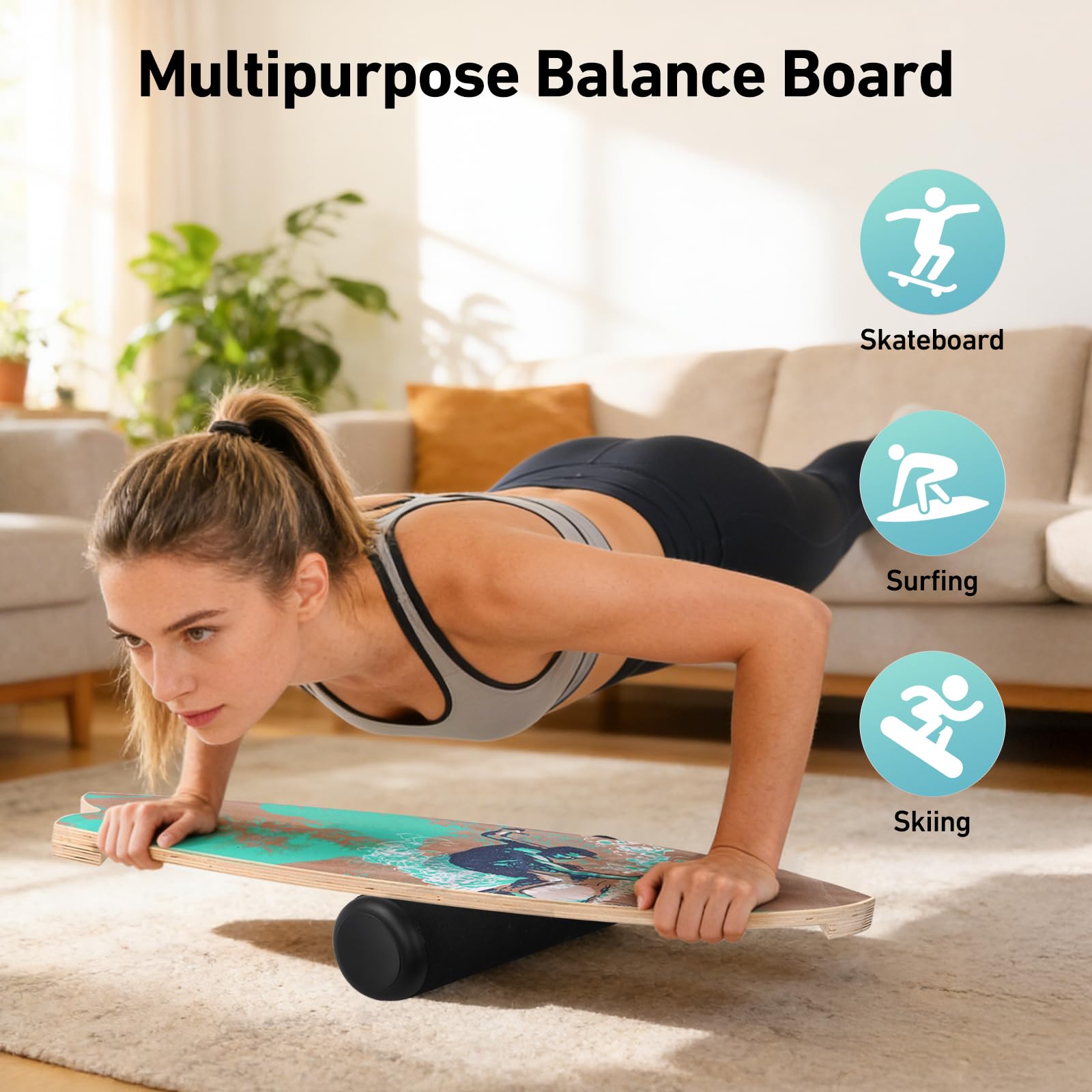 Surf Balance Board Erwachsene Kinder, Holz Wackelbrett 150kg | Holz Balance Board 75x28cm | 150kg belastbar | Mit Rolle & Ständer | Rutschfest | Surf Ski Skate