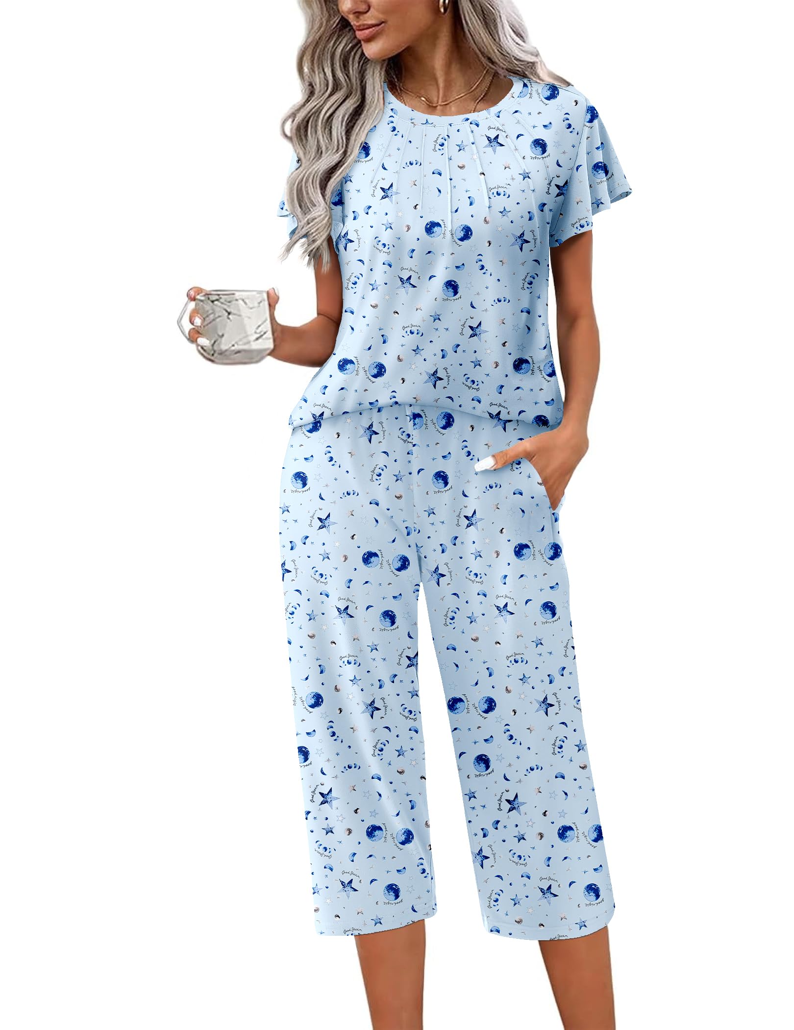 Ekouaer Capri Pajamas Set Womens Ruffle Sleeve Top and Capri Pants Soft Sleepwear Loungewear with Pockets