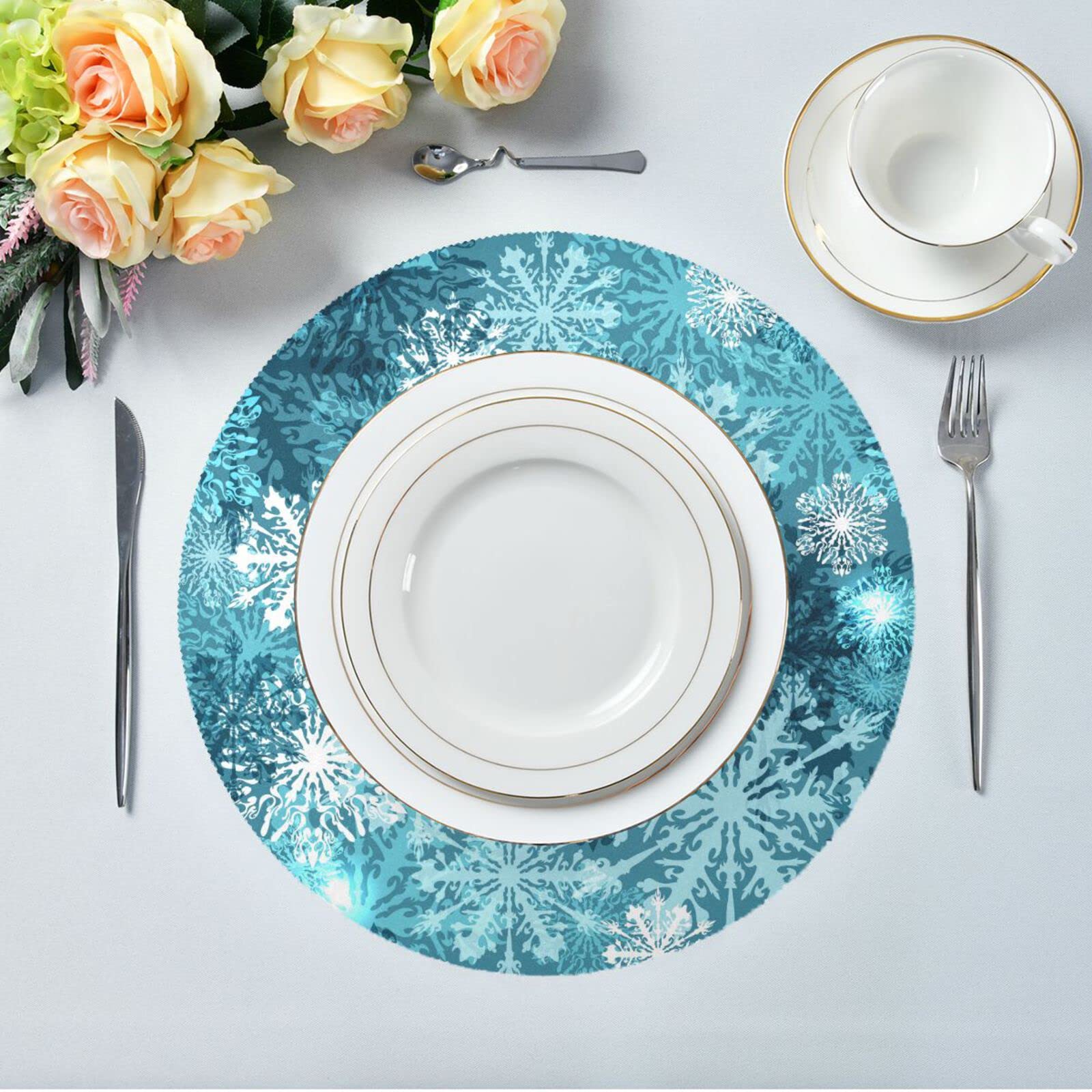 Christmas Placemats Teal Blue White Snowflake Round Placemats Set of 6 for Kitchen Table Washable Kitchen Table Mats Place mats - Image 3