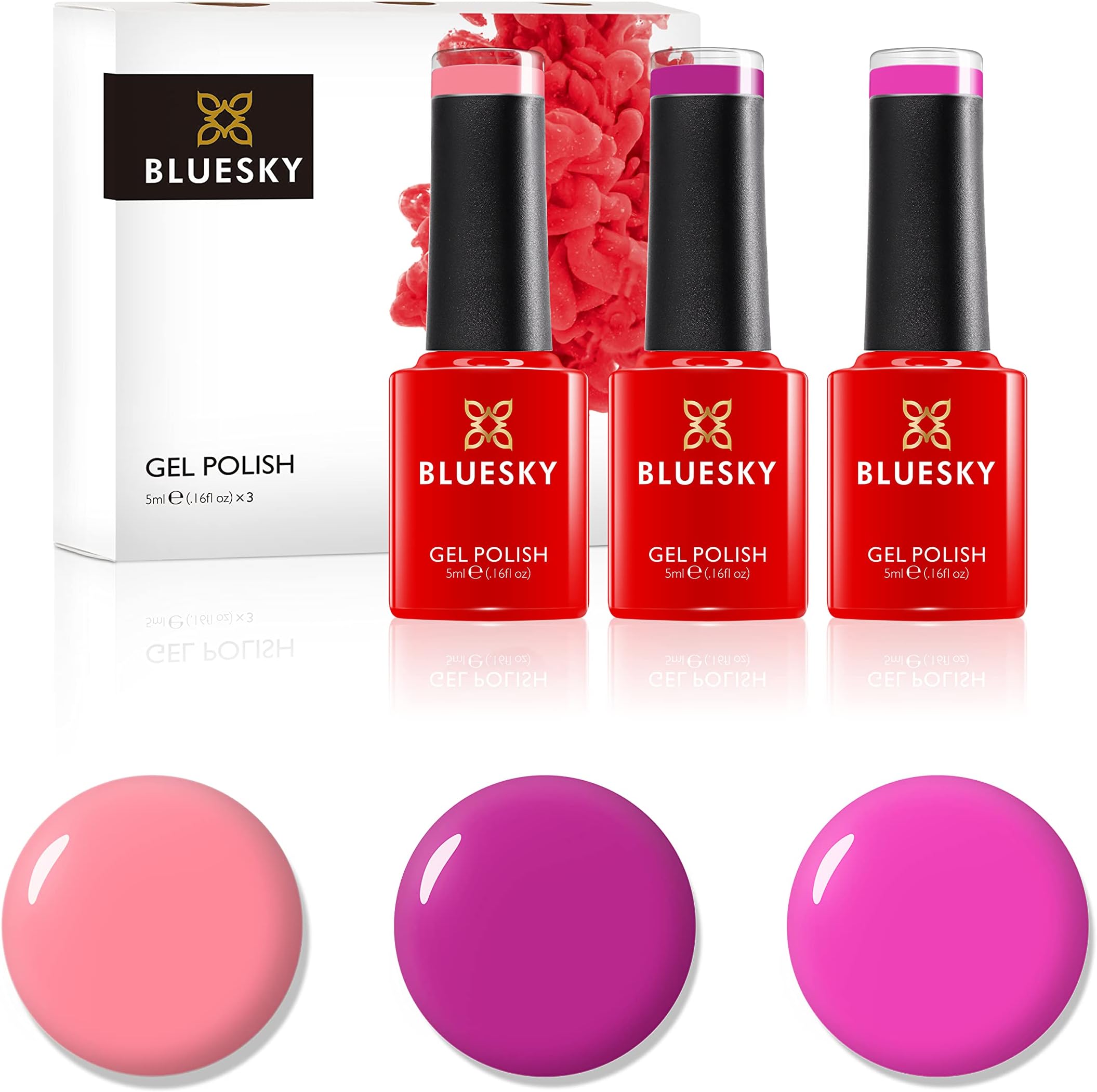 Gel Nail Polish Set, Pretty Pinks, Very Berry Neon17, Pink Flamengo Qxg003, Pink Lemonade Km895, 3 x 5 ml, Purple (Requires Curing Under UV or LED Lamp)