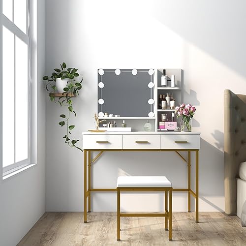 Miniatura 3 de Mesa de tocador con espejo iluminado, 3 cajones, escritorio de maquillaje con mucho almacenamiento, juego de tocador con taburete acolchado más