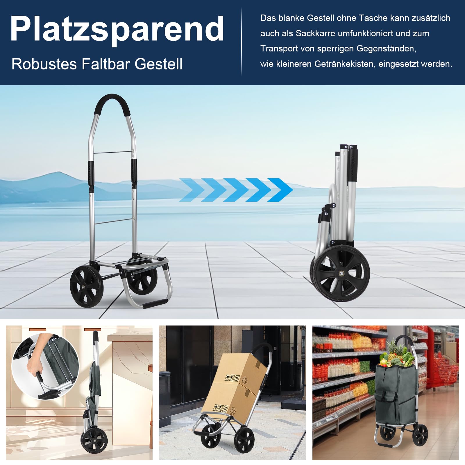 Einkaufstrolley, HOMELUX klappbar, Stabiler Einkaufswagen, große Kapazität 41 L, multifunktional, Handwagen mit Rollen, Abnehmbare Tasche, Grau 243