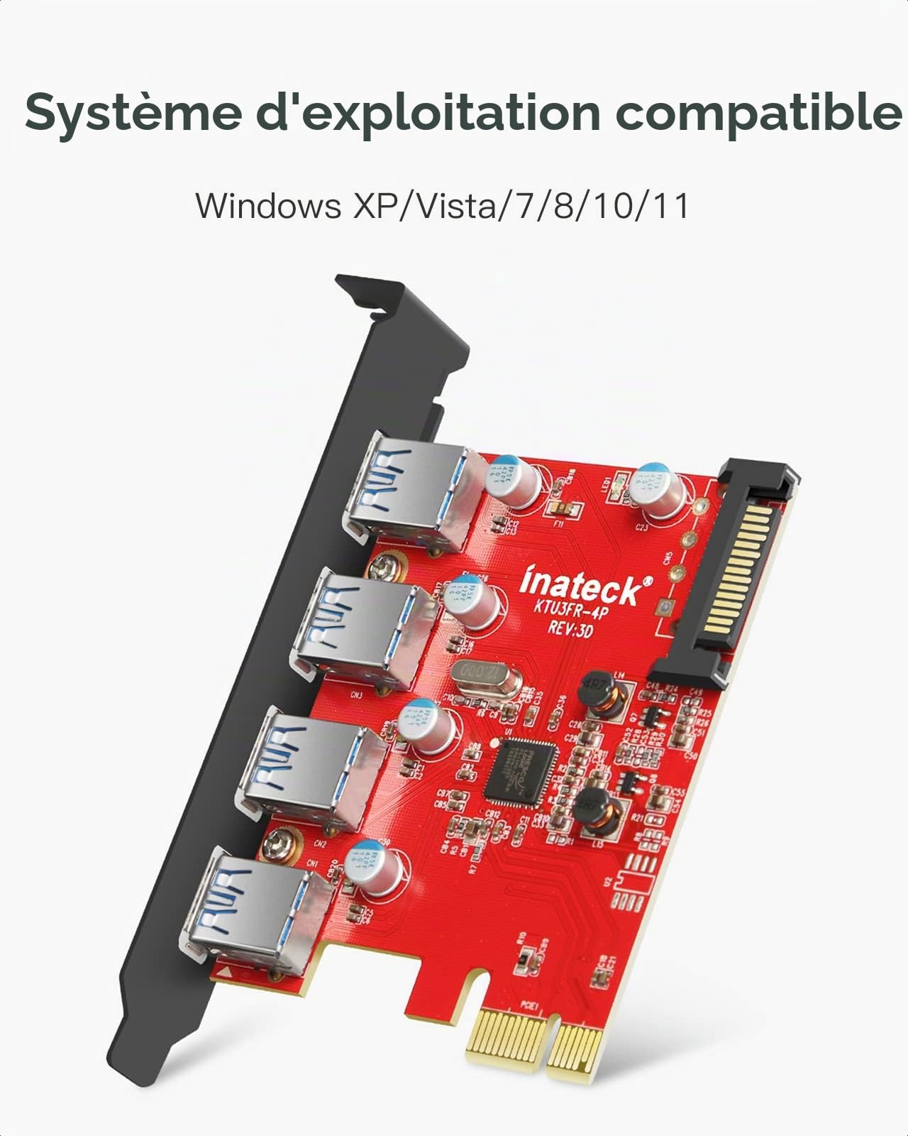 Inateck Carte Contrôleur PCI Express USB 3.0 4 Ports PCI-E vers USB 3.0 avec 4pin vers 2x15pin câble et 15pin vers 2X SATA 15pinY-Cable Compatible Windows XP/Vista/7/8/10