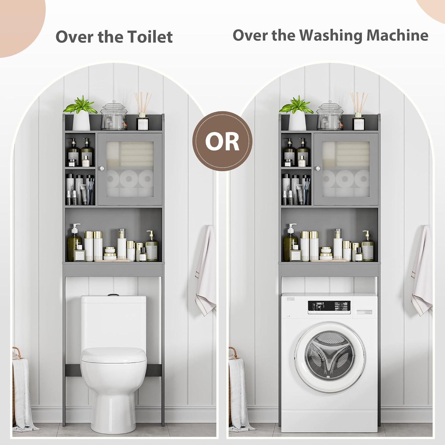 ZenStyle Over The Toilet Cabinet Double Door Wood Bathroom Storage Organizer with Adjustable Shelves, Cubby and Tempered Glass Door (Grey)