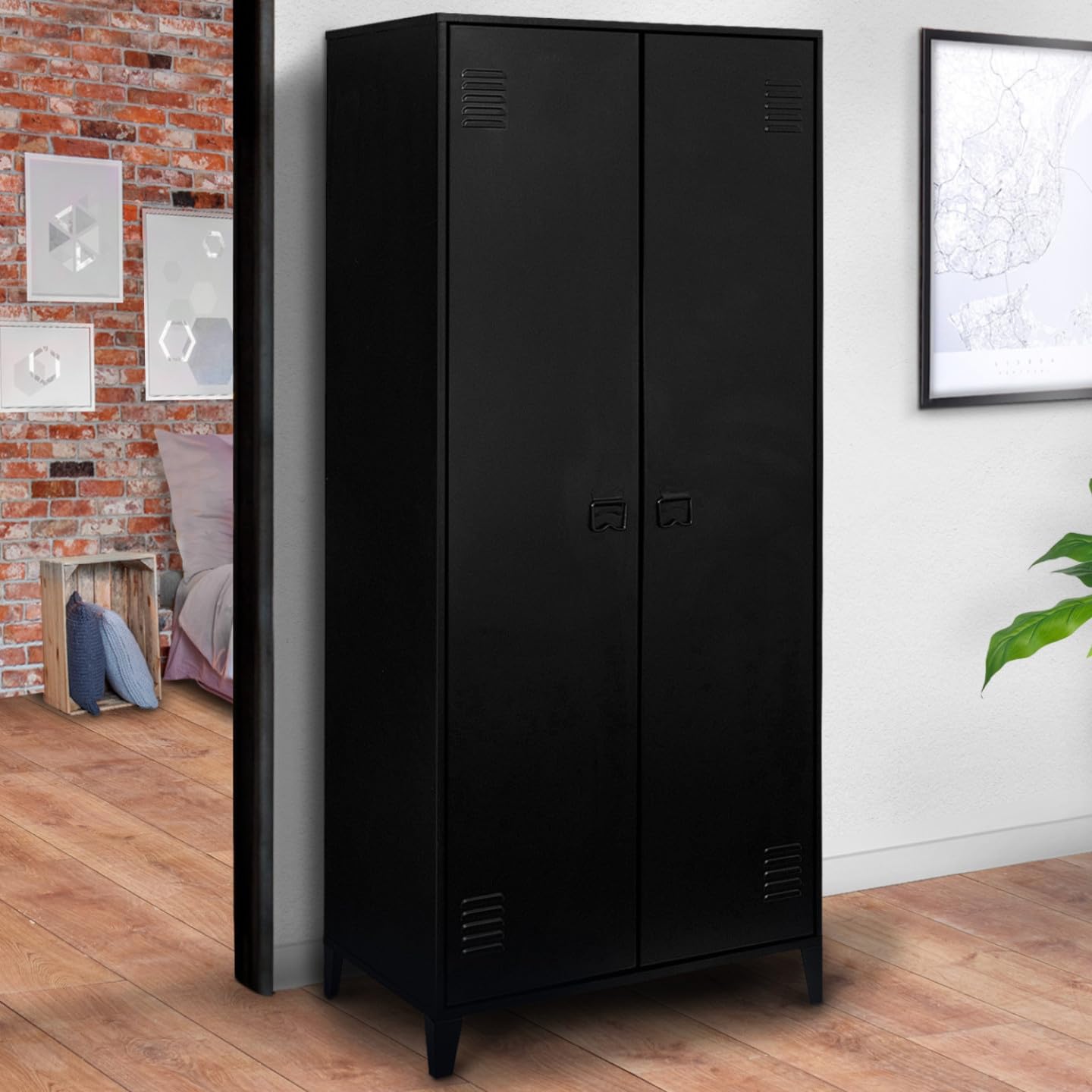 IDMarket - Armario Ester, 2 puertas, metal, negro, diseño industrial
