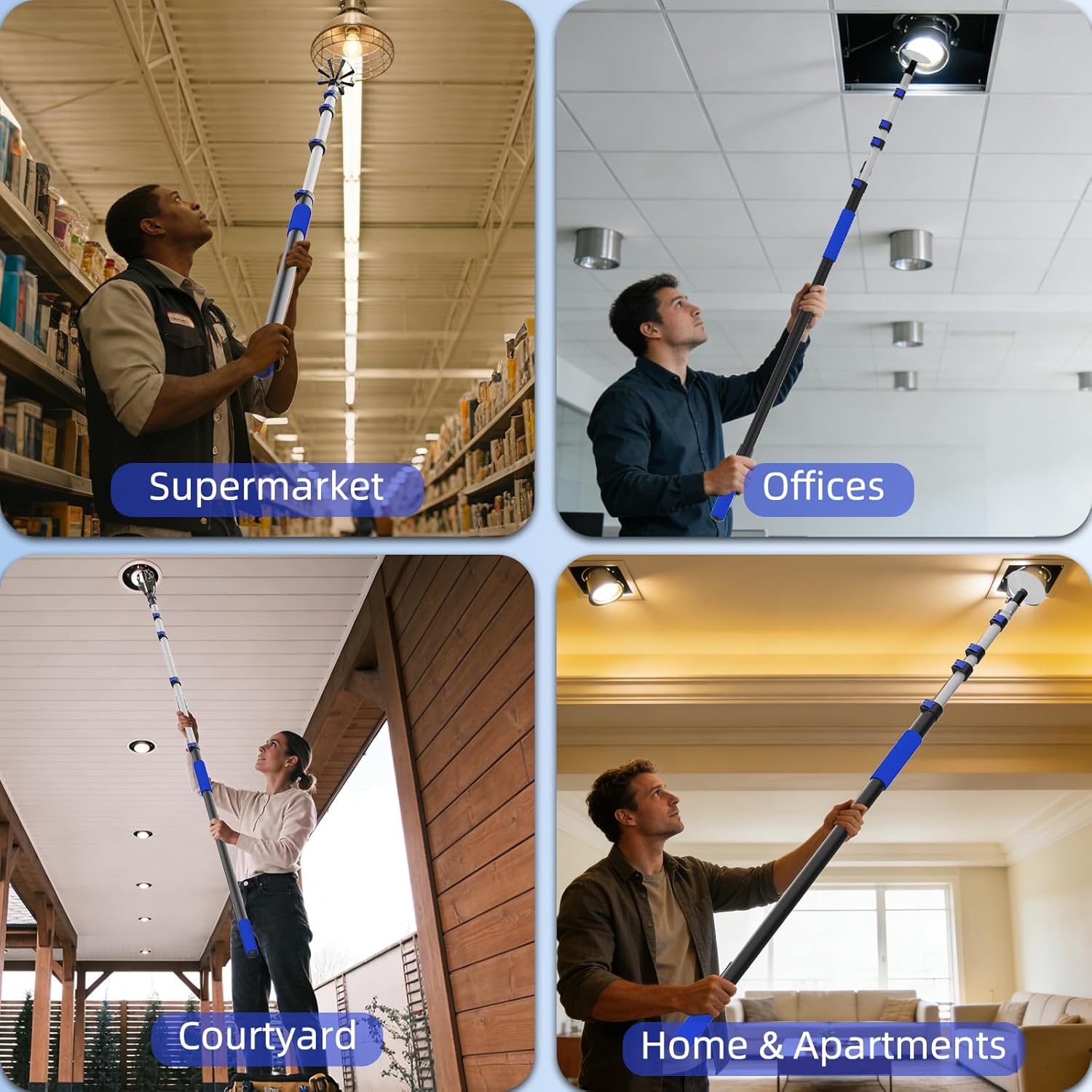 26FT Reach Light Bulb Changer for High Ceilings with Telescopic Extension Pole, 5-20Foot Light Bulb Extension Pole Changer with Baskets and Suction Cup for High Ceilings and Recessed Lights