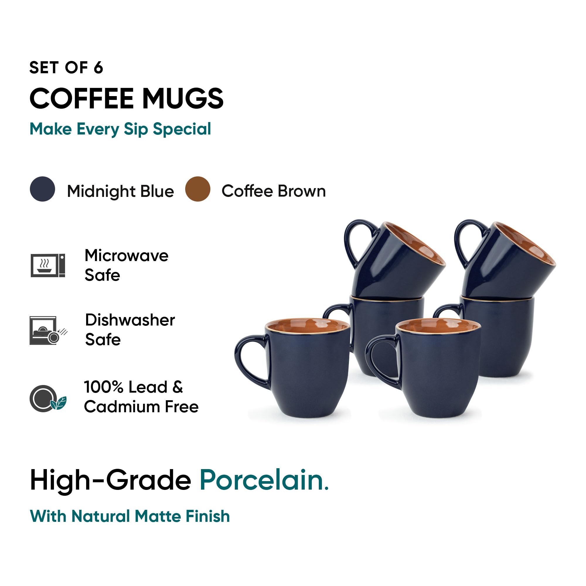 Shay Keramik-Kaffeebecher-Set, 6er-Set, 300 ml, Blaugrün | mittlere Tasse | glänzende Oberfläche | Steingut-Kaffeetassen-Set | Keramiktasse | mikrowellengeeignet (Blaugrün Milchbecher, 6er-Set)