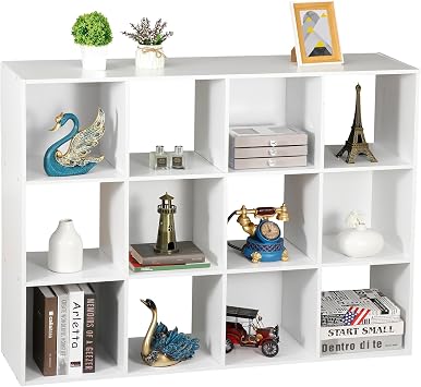 LEMY 12-Cube Open Shelf Bookcase, Wooden Bookshelf with Back Panel, Storage Organizer Cabinet for Bedroom, Living Room, White
