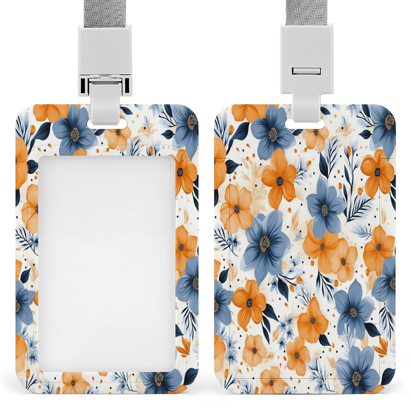 Badge Holders Blue and Orange Flowers Printed Id Badge Holder with Lanyard Work Badge Holder for Women Nurse Nursing Doctor Teacher
