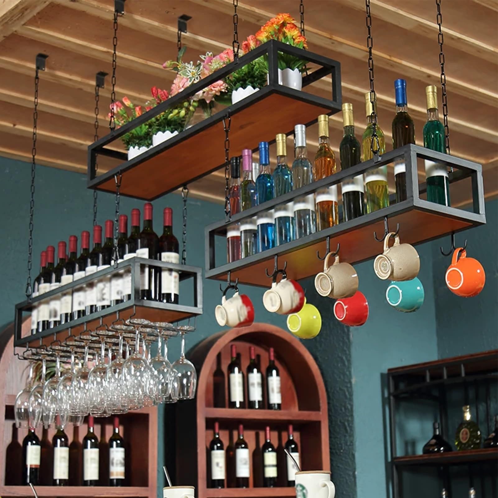 Support de Bouteille de vin de Plafond Suspendu Support de Verre à vin en métal, présentoir d'usine de Stockage de gobelet pour Le Restaurant de Barre de Cuisine à la Maison