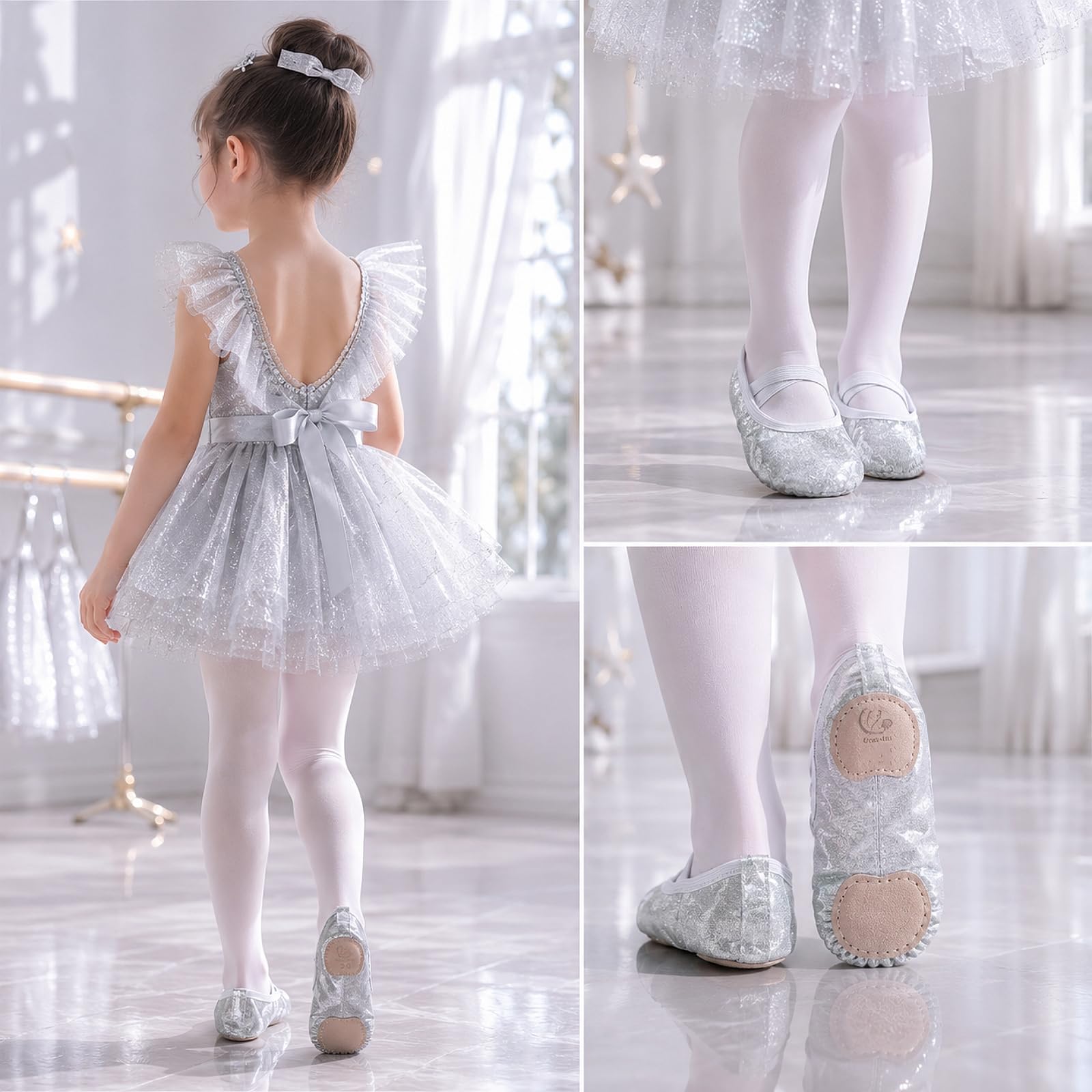Błyszczące dziewczęce buty baletowe, baletki, baleriny, buty do tańca, występu, gimnastyki