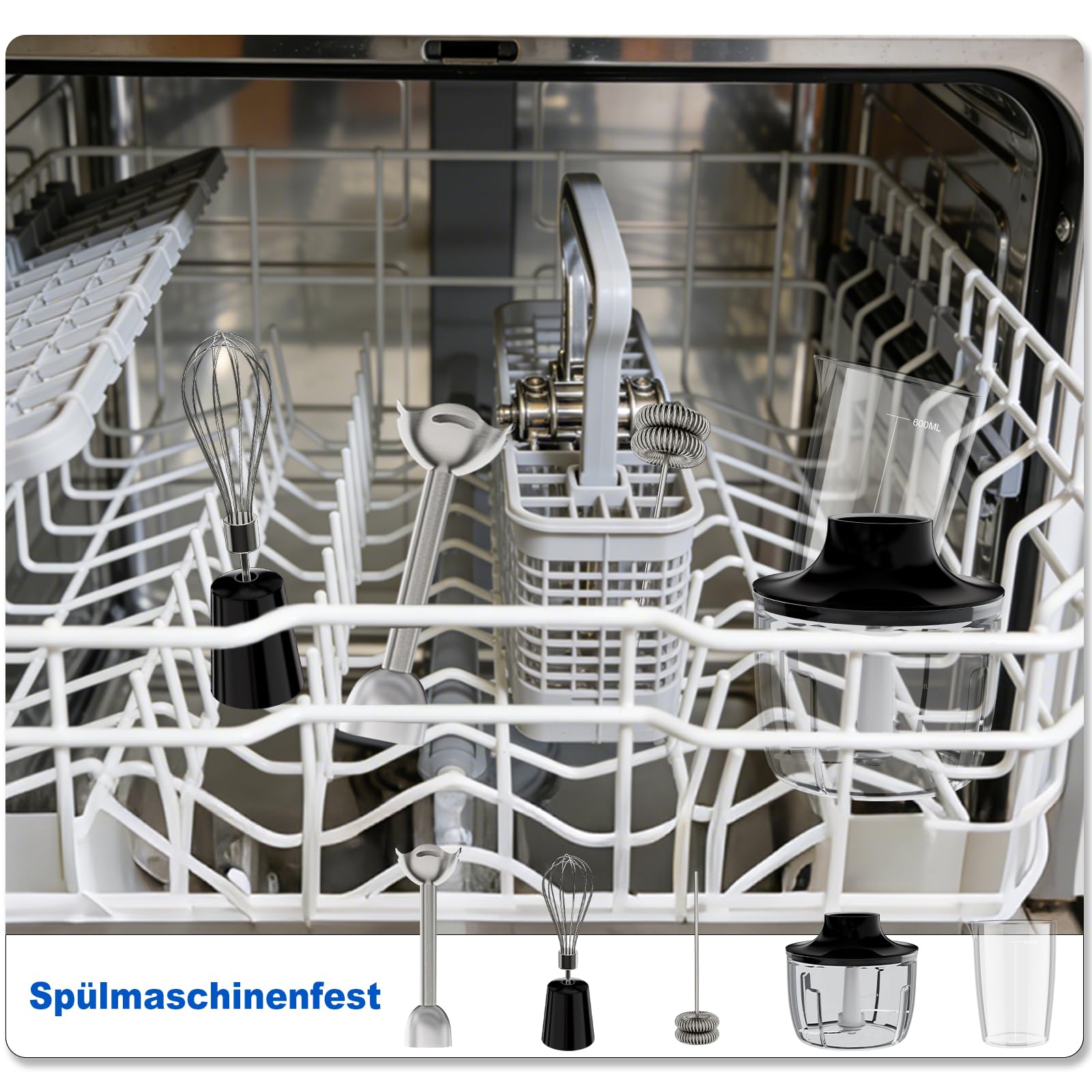 Camic 4-in-1 Stabmixer, Kabelloses Elektrische Stabmixer mit 6-Stufiger + Turbo, Inklusive Edelstahl-Mixfuß, Schneebesen, Milchaufschäumer und 500ml Lebensmittelhacker für Suppen und Milchshake