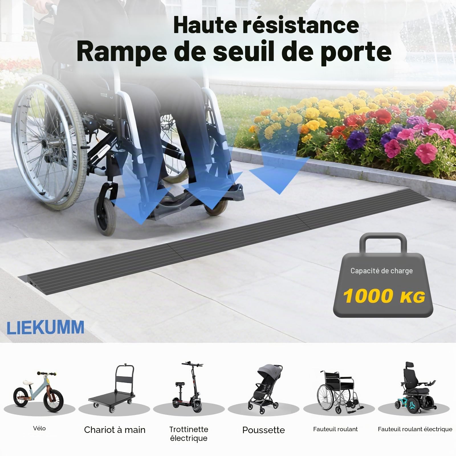 LIEKUMM Rampe Fauteuil Roulant, Hauteur 1,5 cm Coupeable PVC Rampe de seuil | Capacité 1000 kg Rampe de Seuil Autocollante, Antidérapant, Utilisable en Intérieur Extérieur, Pour Couloirs, Salles de Bain