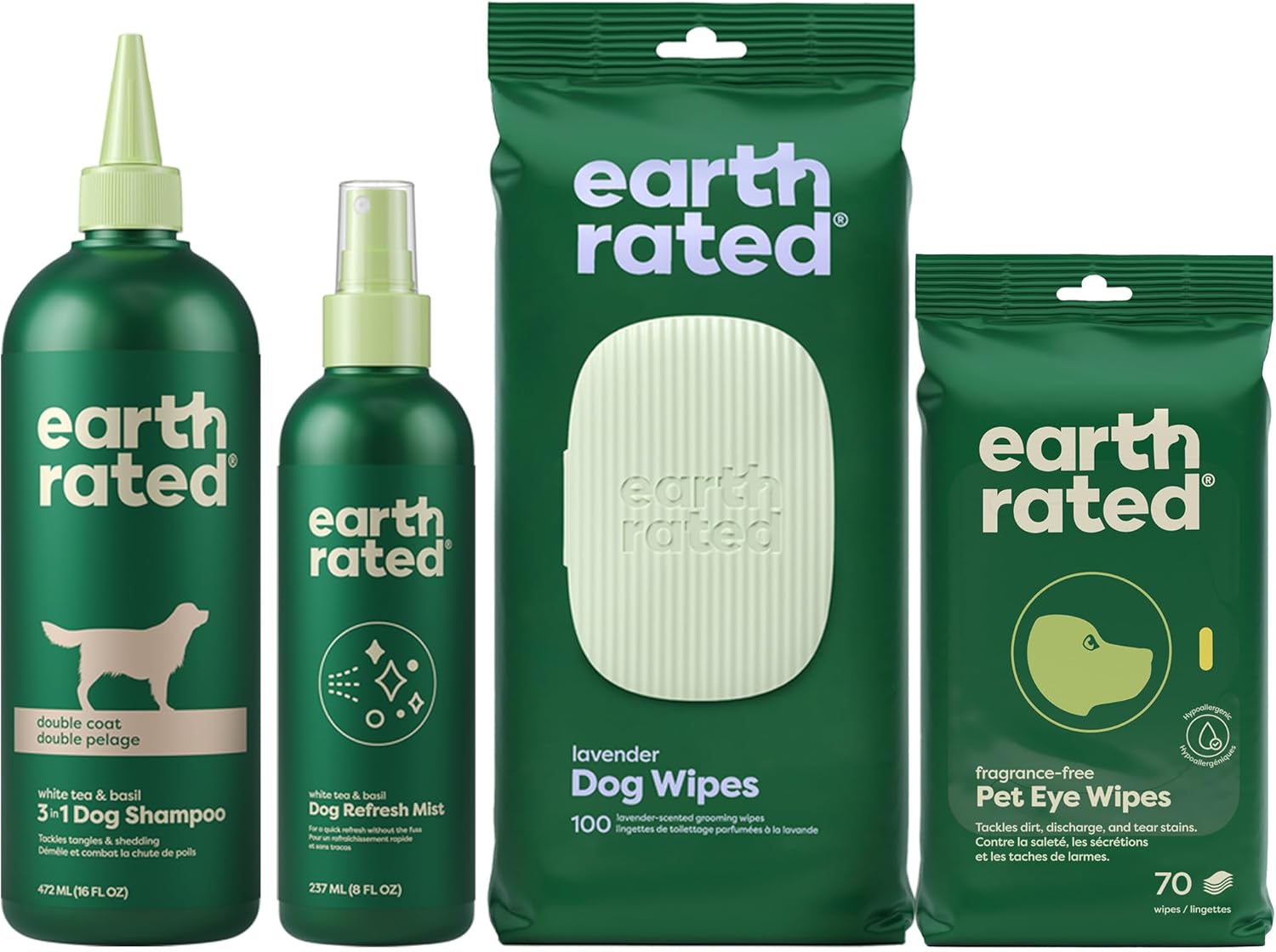Earth Rated Double Coat Essentials - Dog Shampoo, Grooming Wipes, Refresh Mist & Eye Wipes
